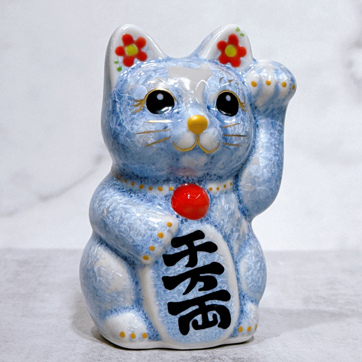 日本清水燒招財貓 花結晶 銀藤 左 特小
