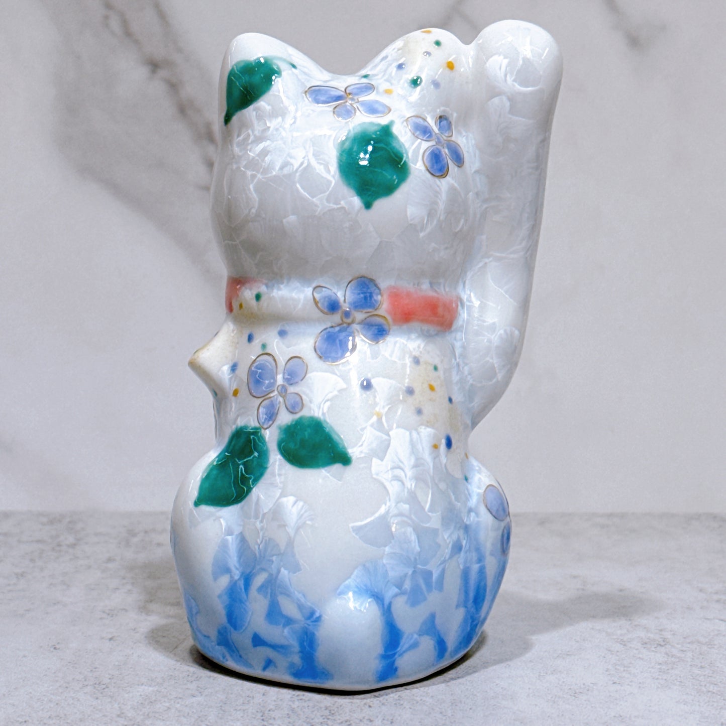 日本清水燒招財貓 花結晶 青白 体花