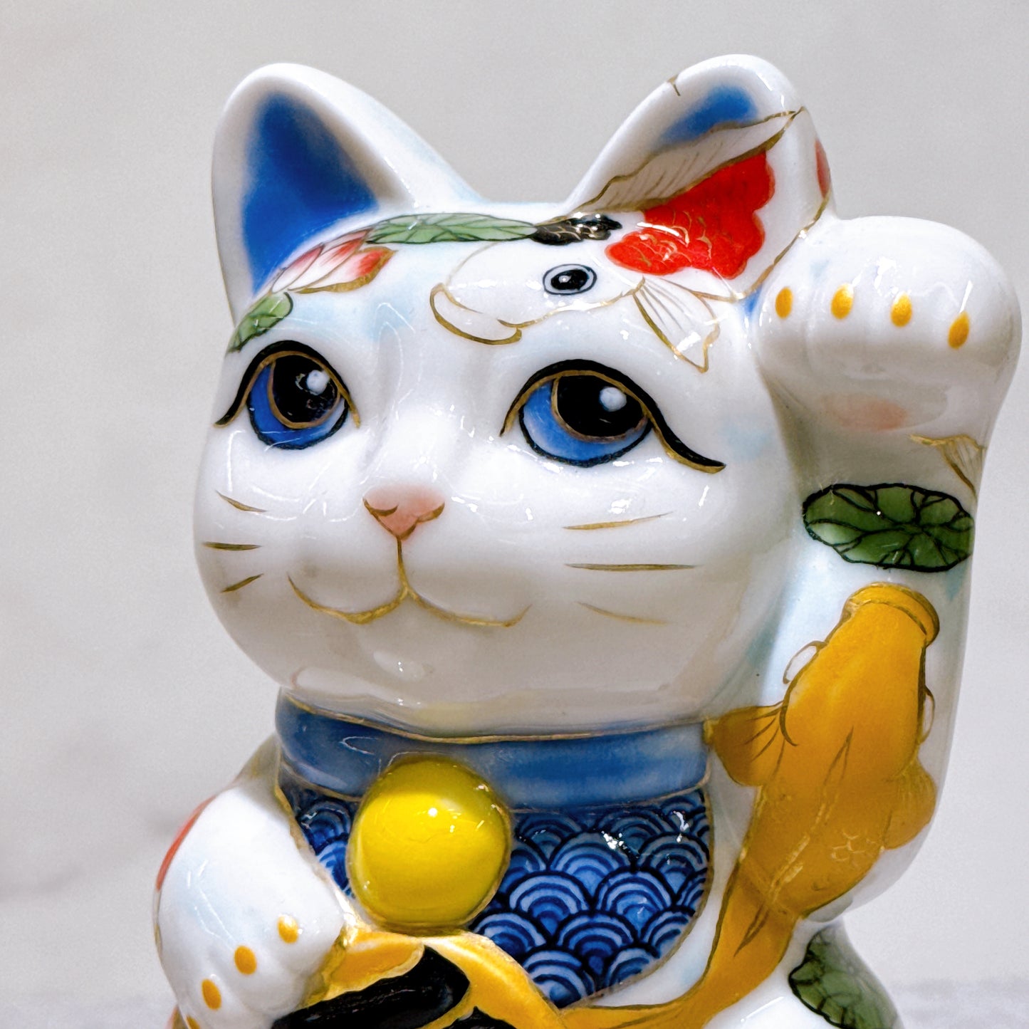 日本清水燒招財貓 色繪 鯉