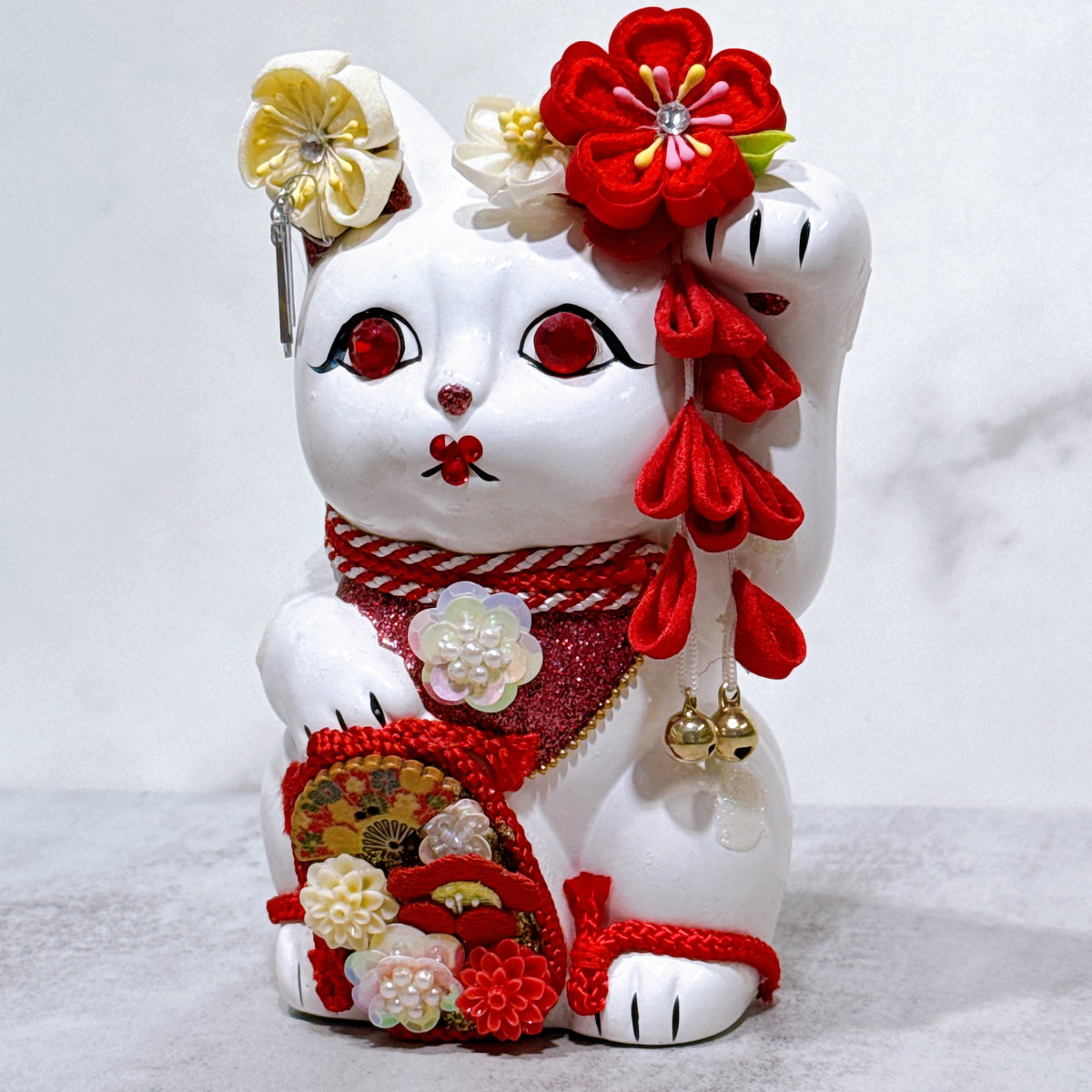 日本花見招財貓 紅蓮赤韻 5號 白 左手