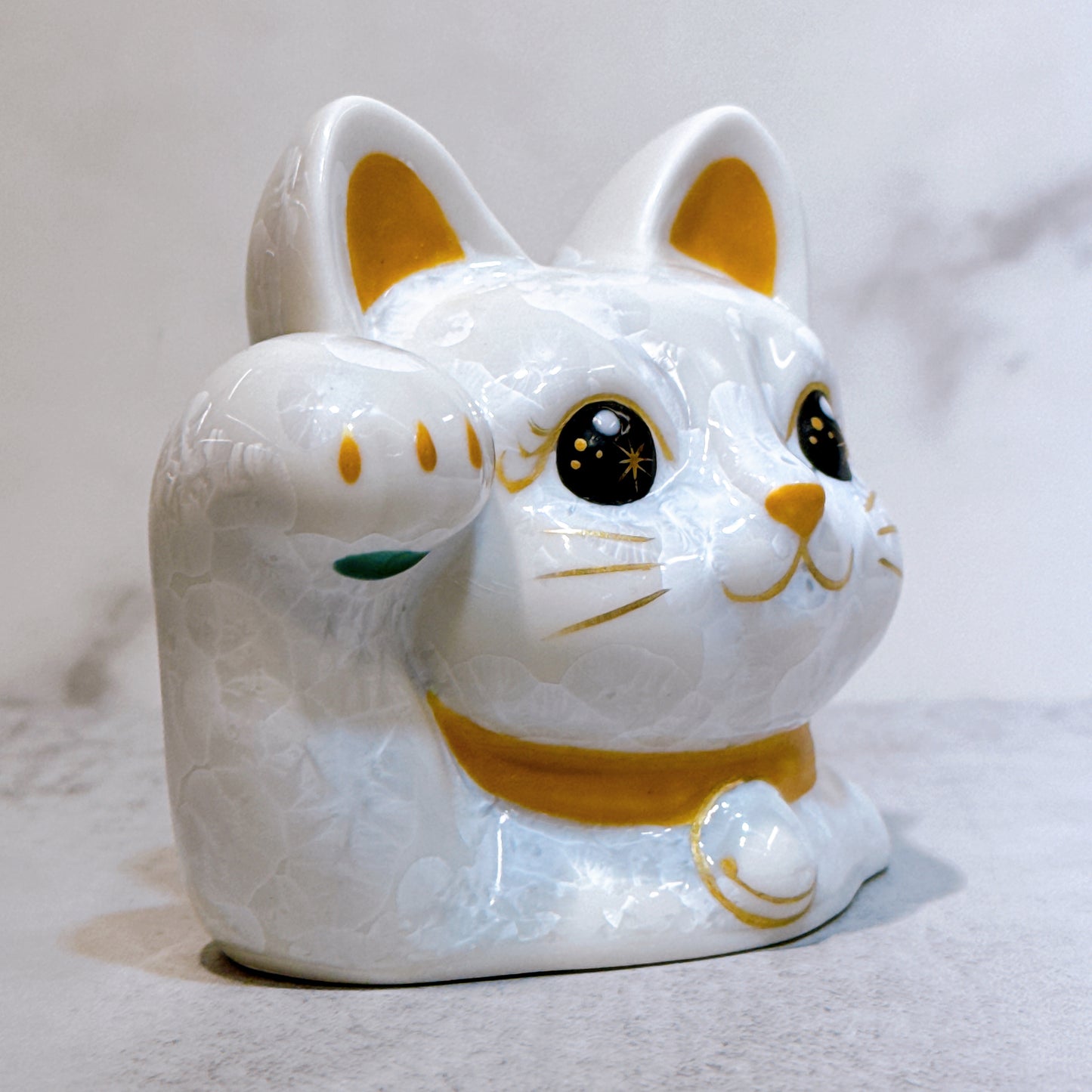 日本清水燒招財貓 貓半身 花結晶 白