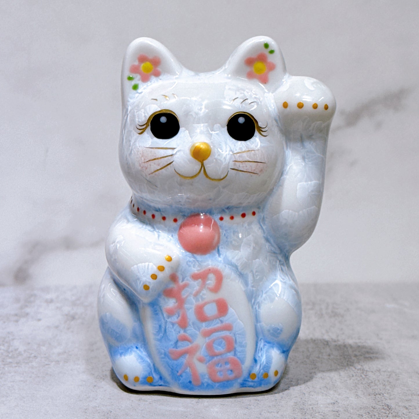 日本清水燒招財貓 花結晶 青白 左 特小