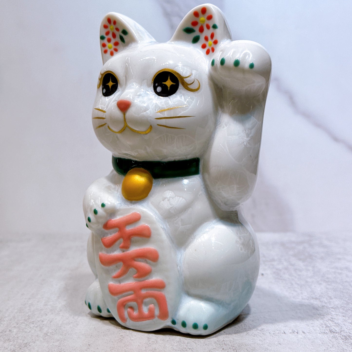 日本清水烧招财猫 花结晶 白 千万两 左