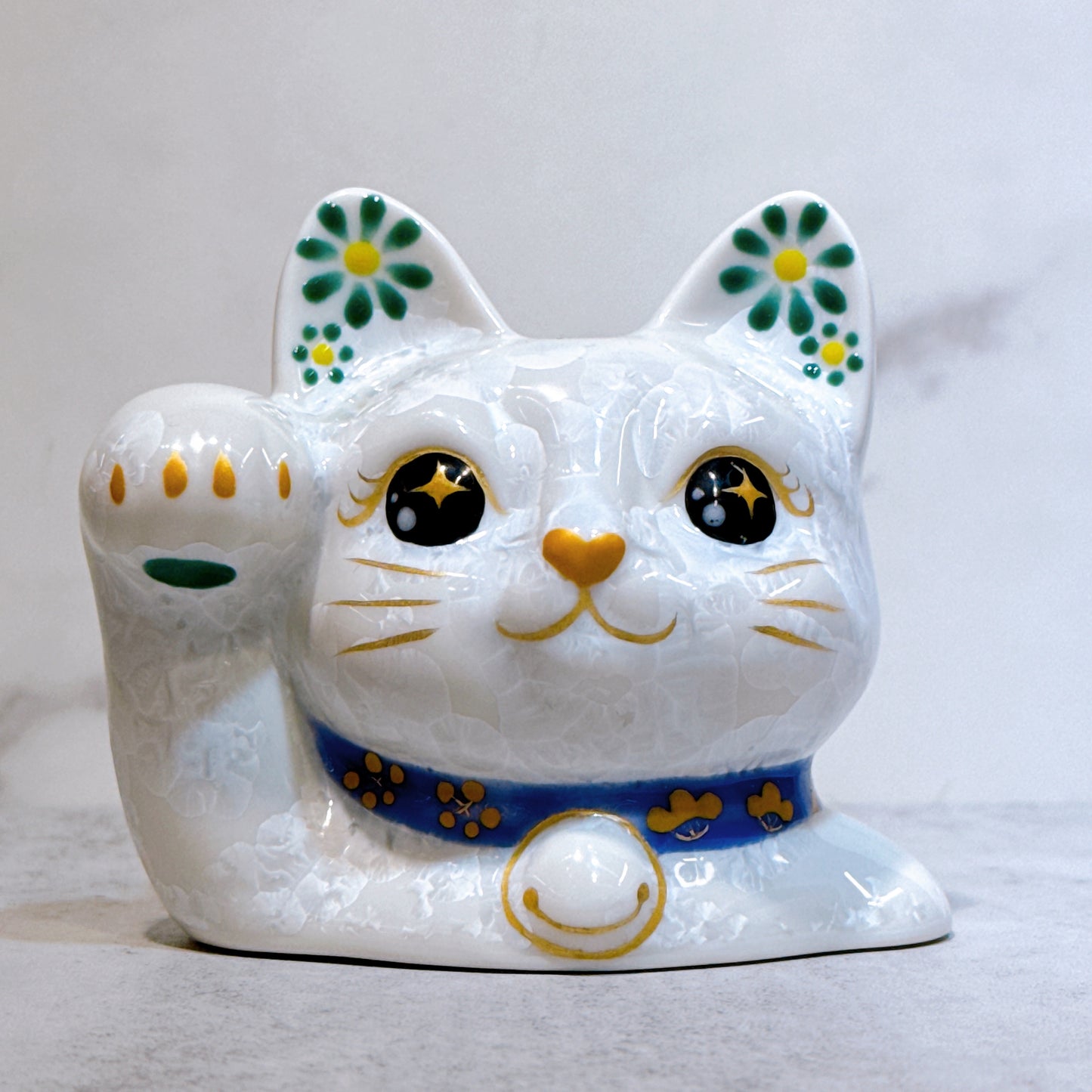 日本清水燒招財貓 貓半身 花結晶 白
