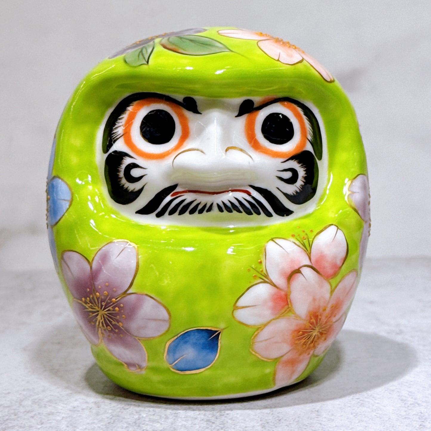 日本清水燒達摩 色繪 綠地櫻 小號