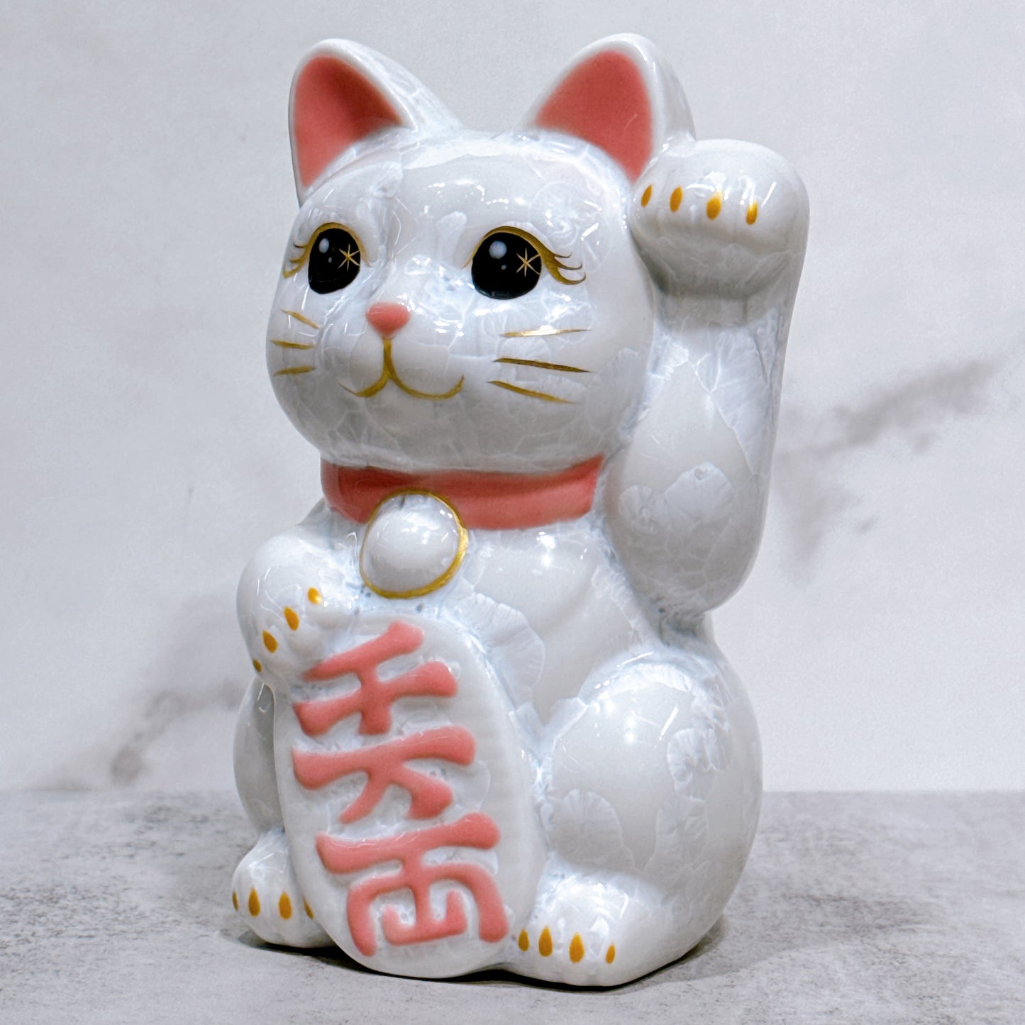 日本清水燒招財貓 花結晶 白 左