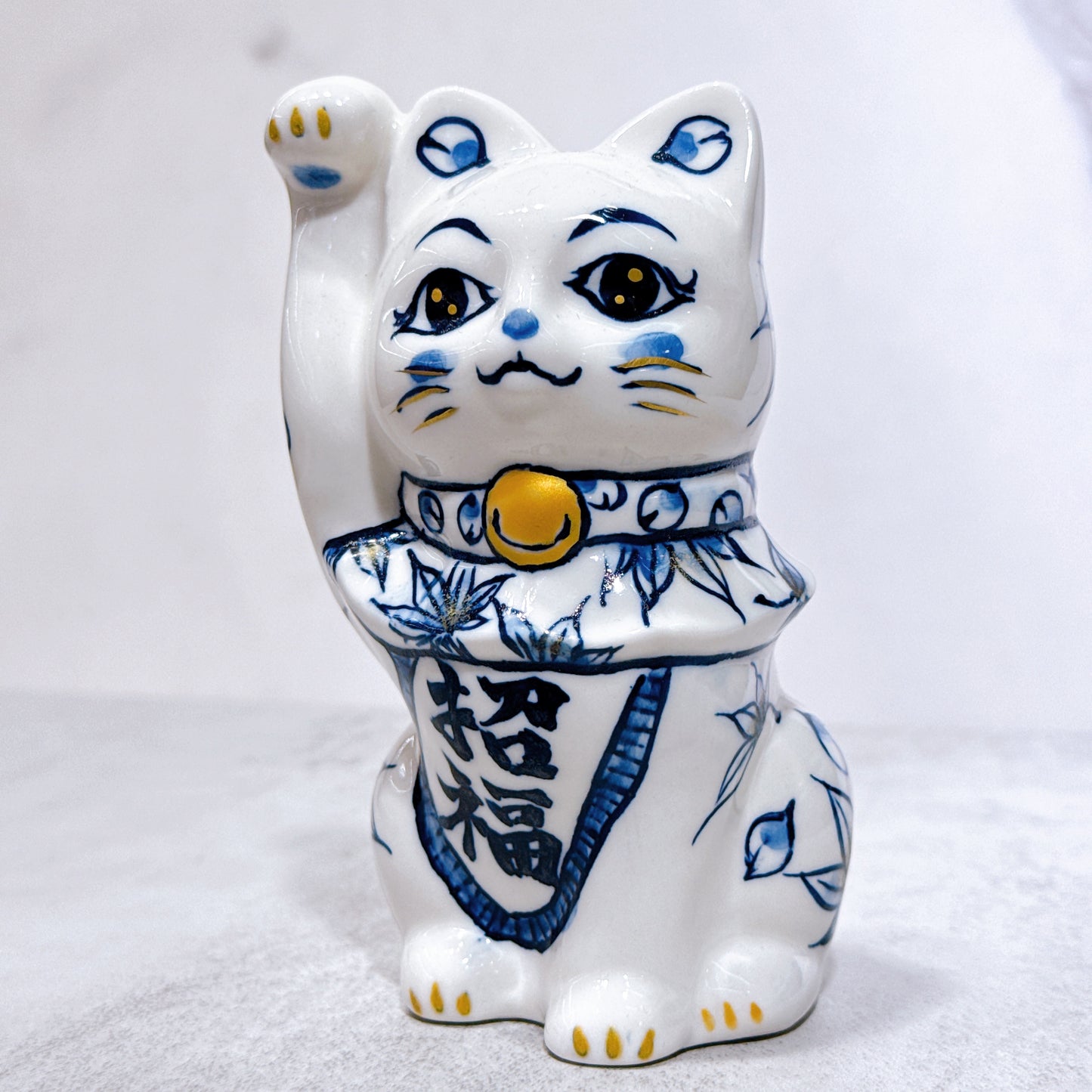 日本清水燒招財貓 染付 雲錦 金彩