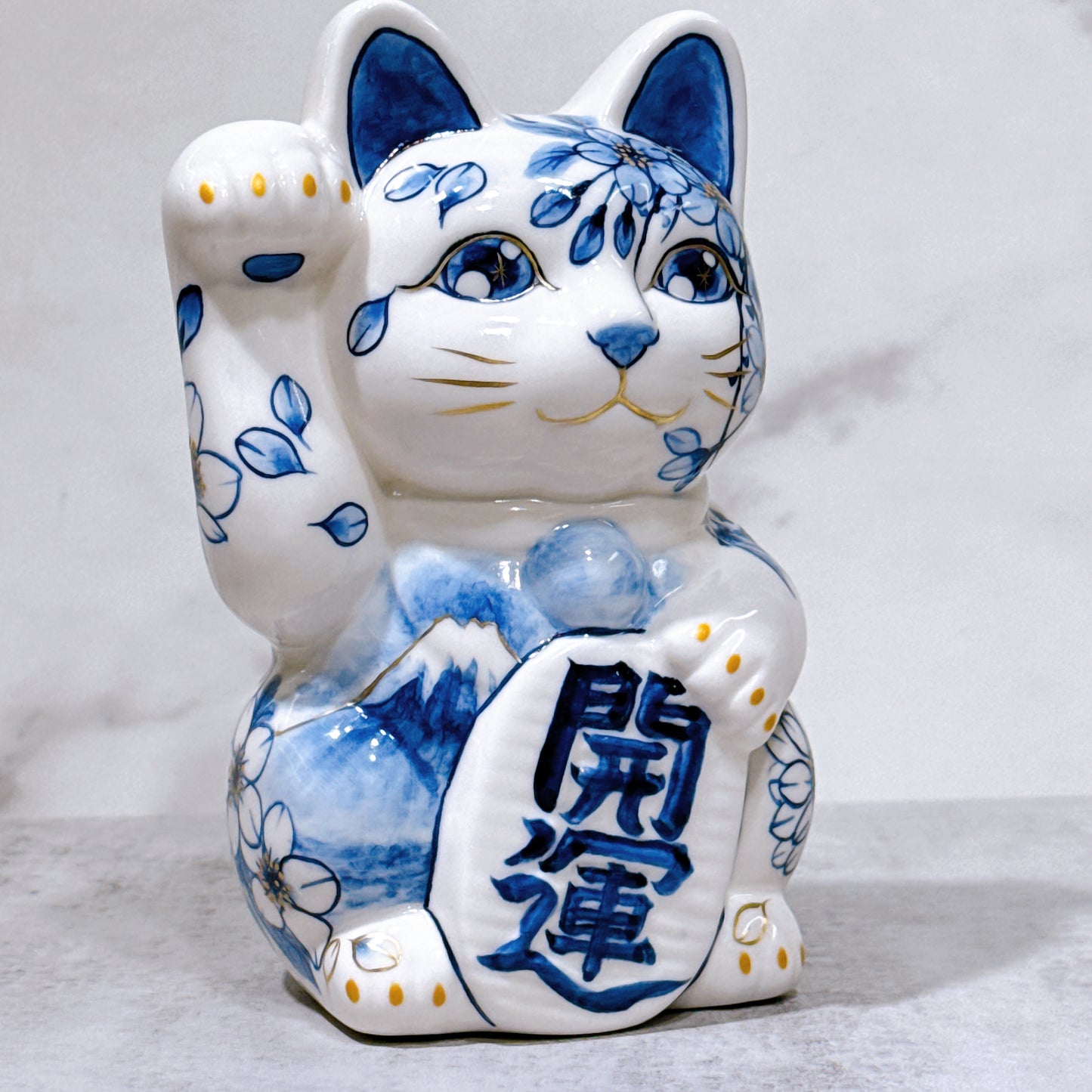 日本清水燒招財貓 染付 富士櫻 金彩