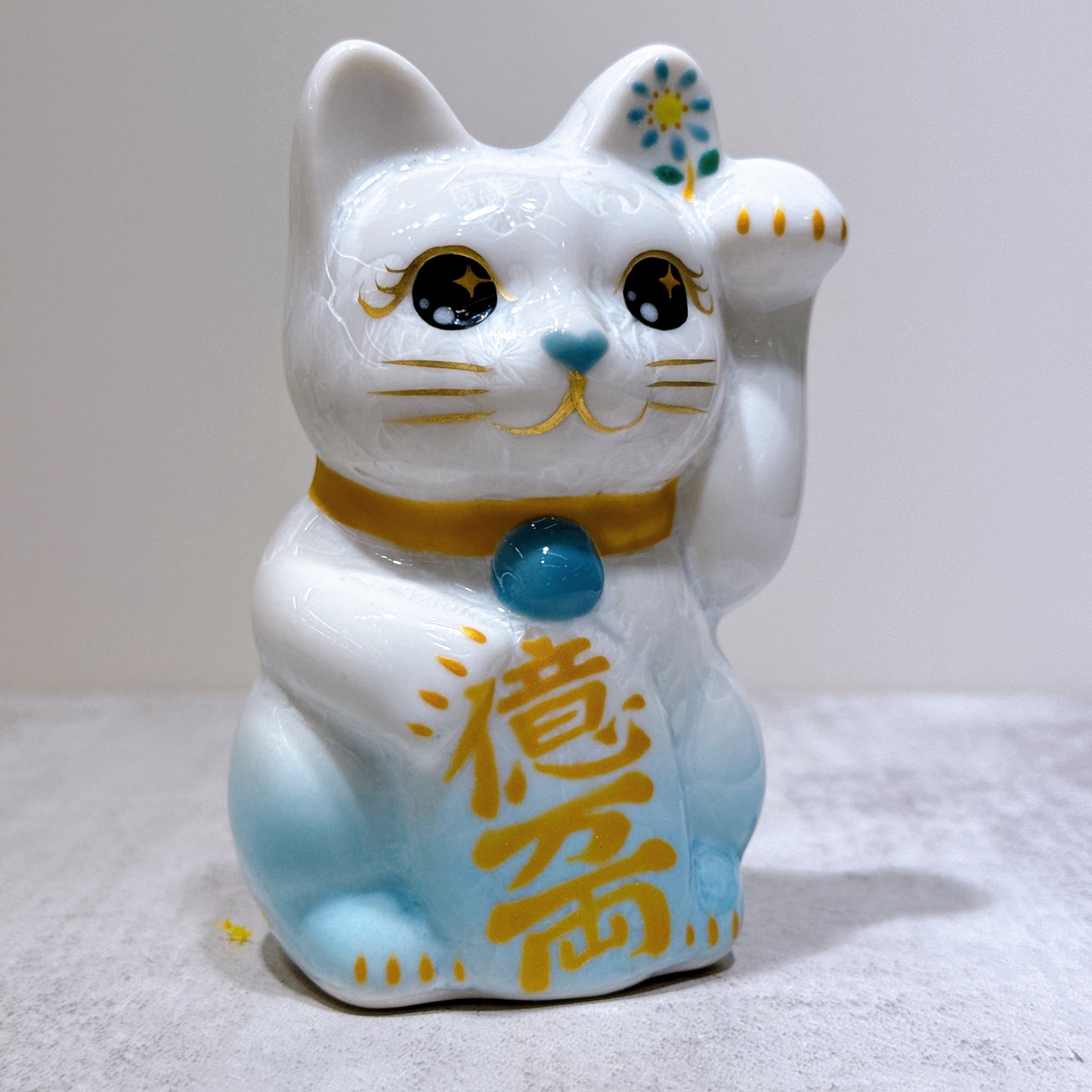 日本清水燒招財貓 花結晶 水色 億万両 左 特小
