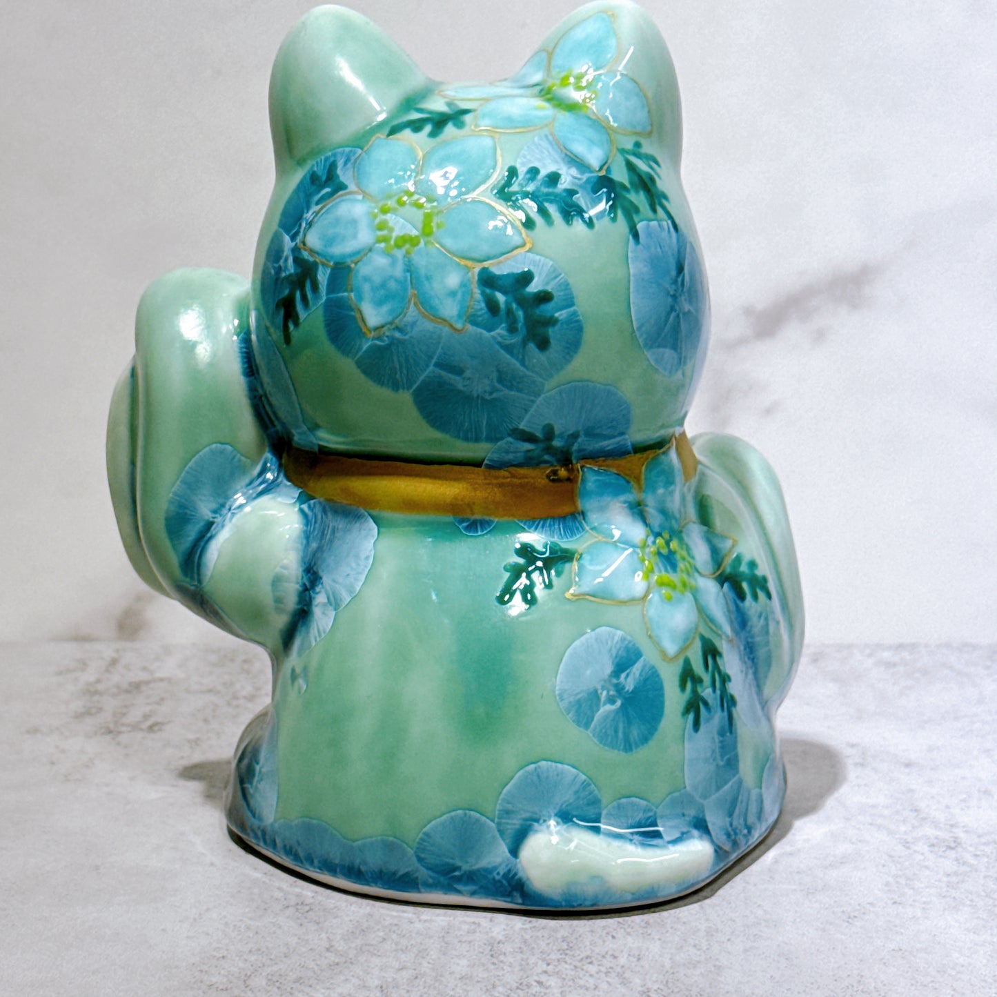 日本清水燒招財貓 達摩 花結晶 綠 億万両