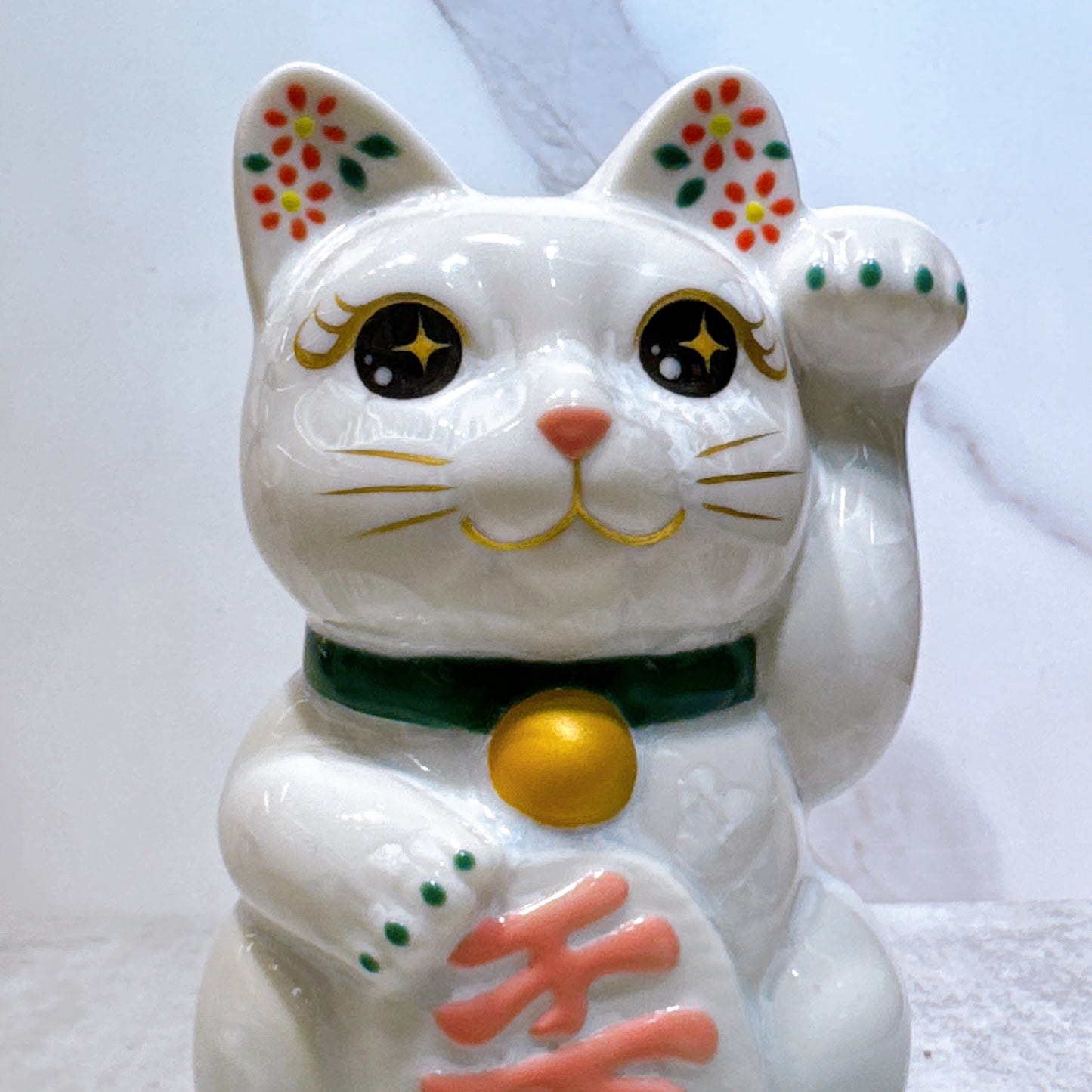 日本清水烧招财猫 花结晶 白 千万两 左