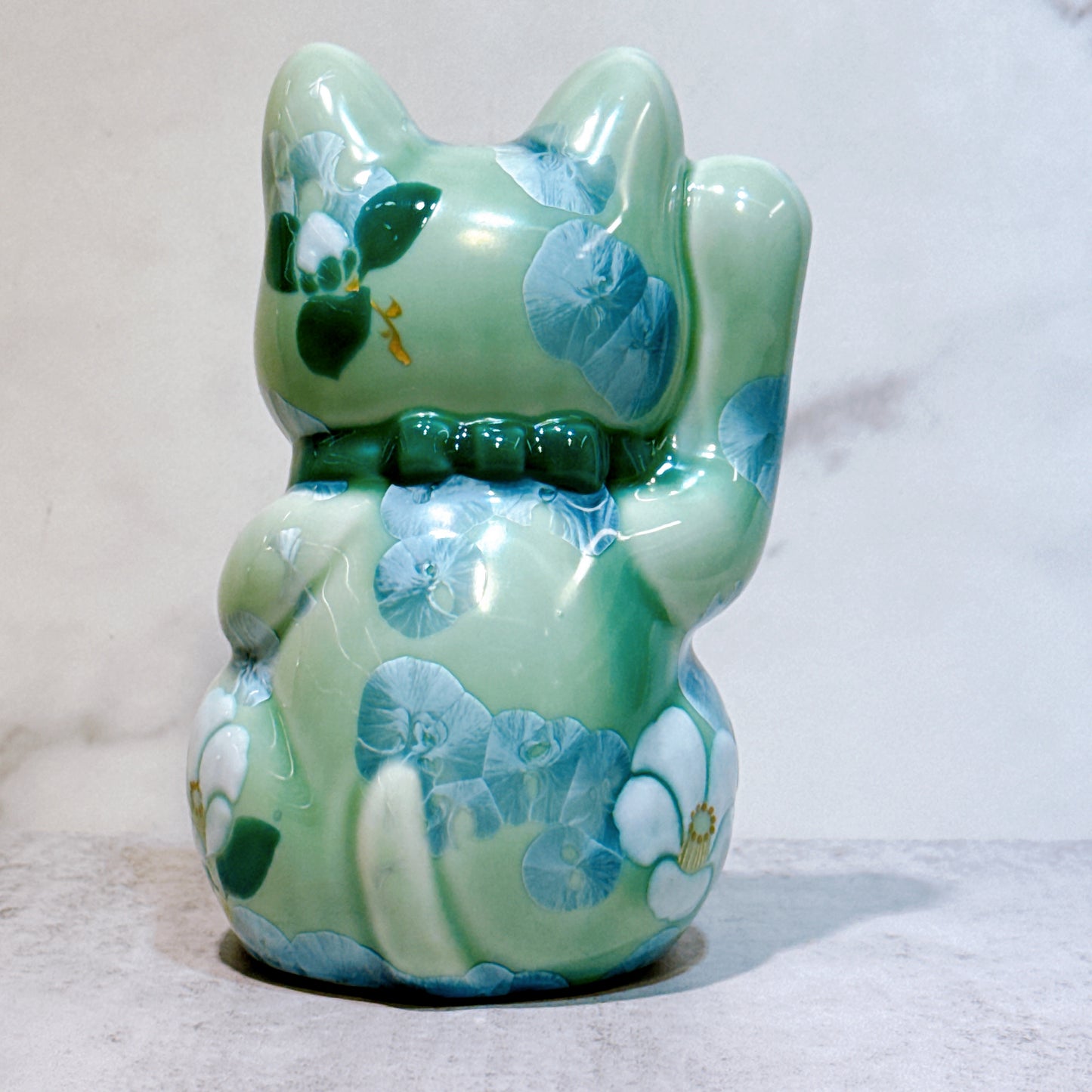 日本清水燒招財貓 花結晶 綠 招福 体花 右