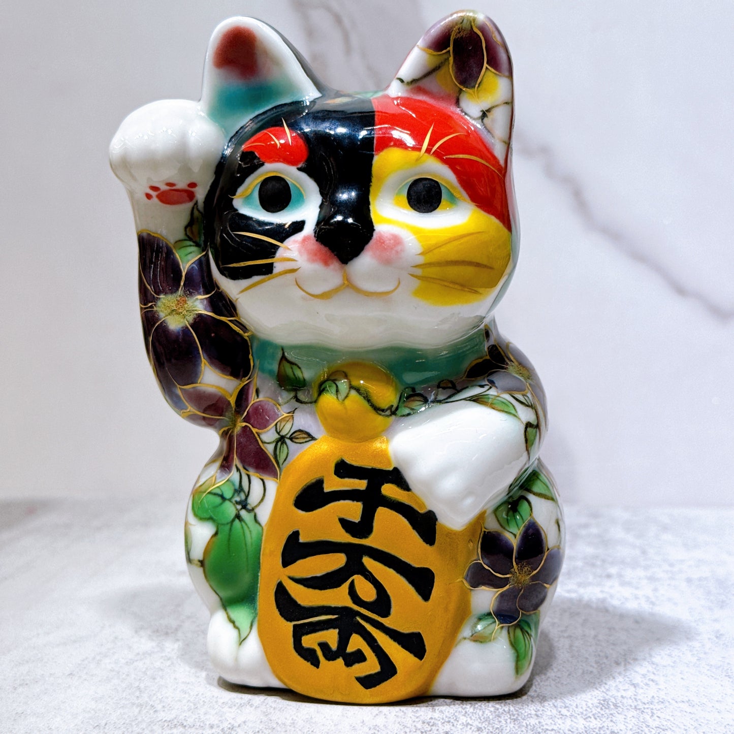 日本清水燒招財貓 色繪 鐵線