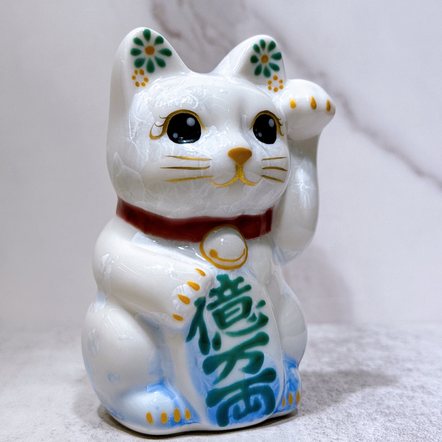 日本清水燒招財貓 花結晶 青白 億万両 左 特小