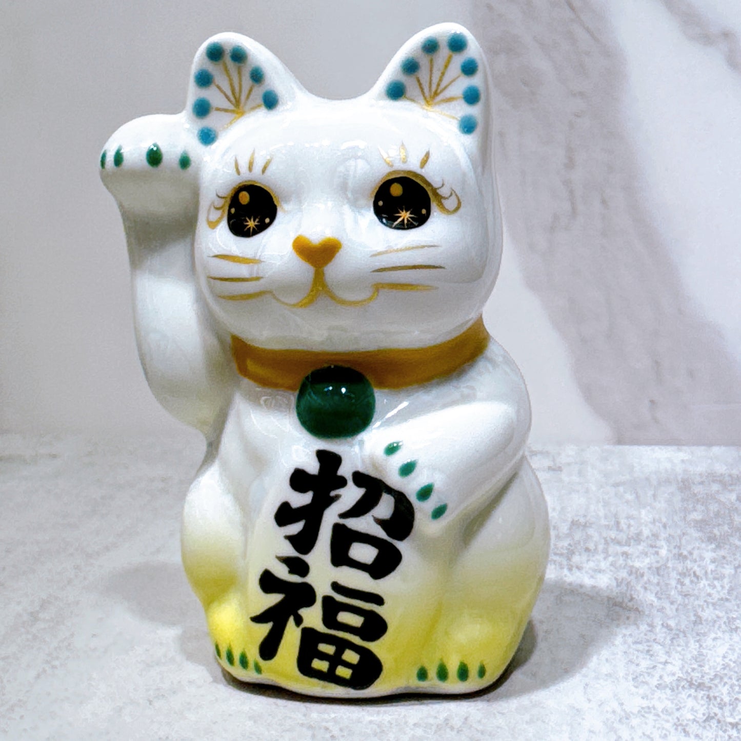 日本清水燒招財貓 花結晶 黃白 招福 右 特小