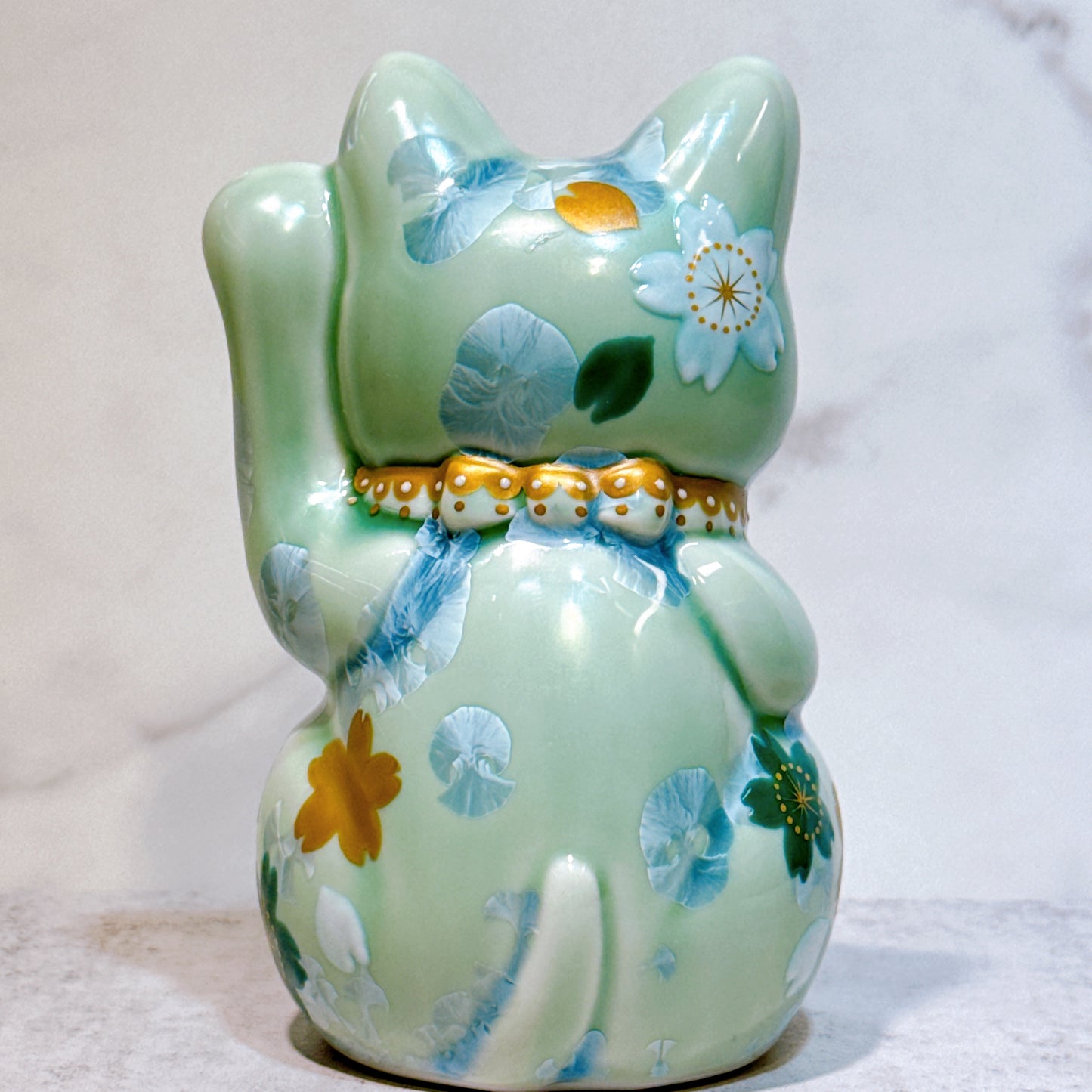 日本清水燒招財貓 花結晶 綠 千萬両 体花 左