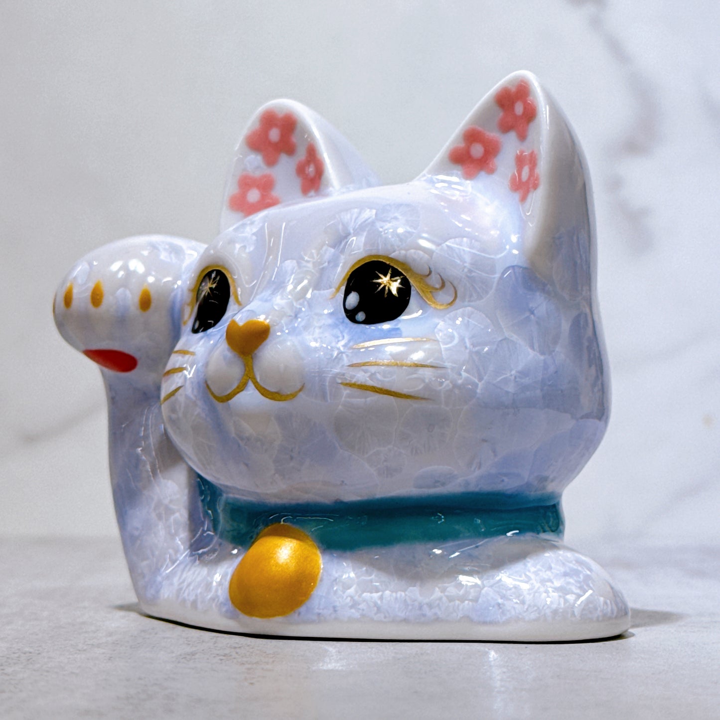 日本清水燒招財貓 貓半身 花結晶 藤