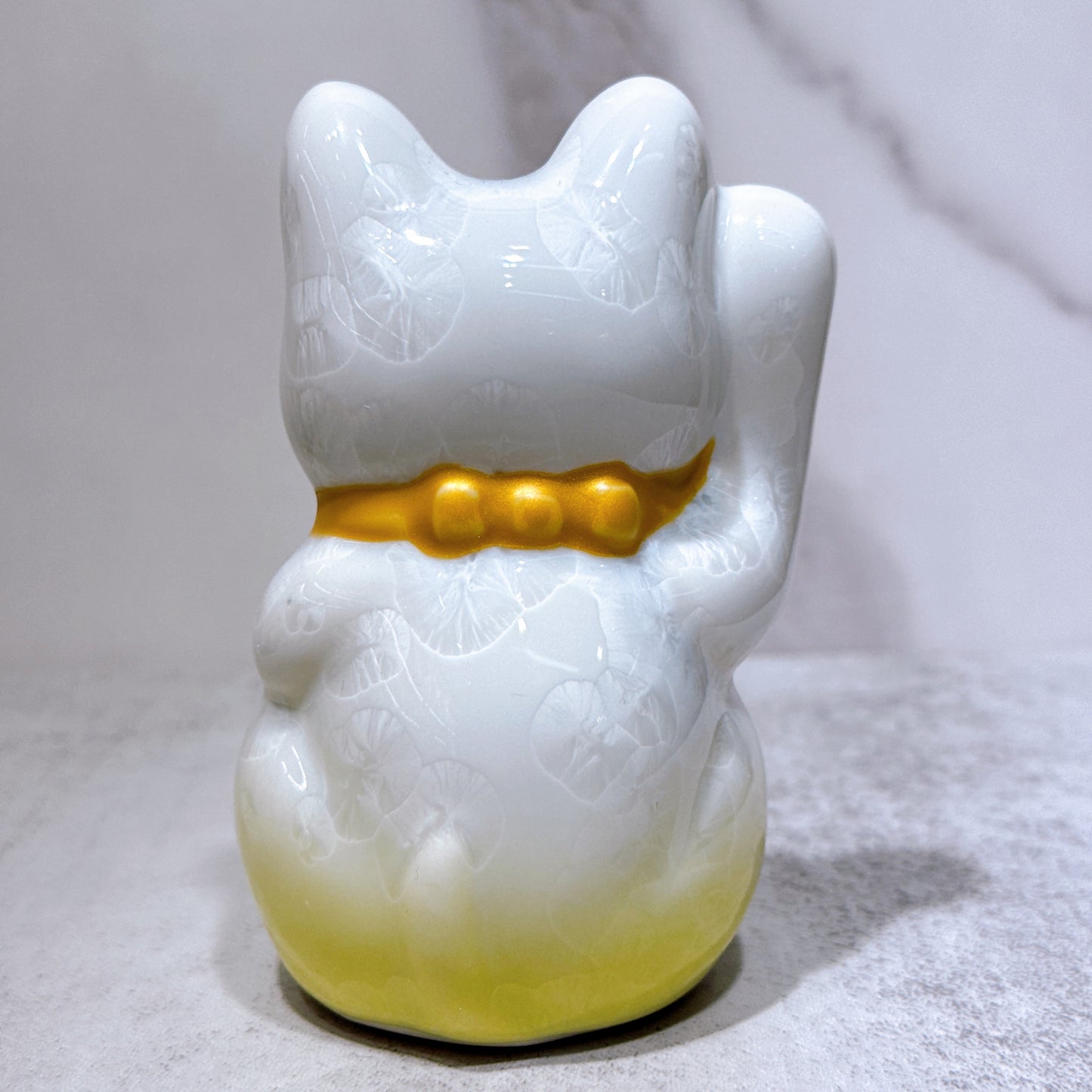 日本清水燒招財貓 花結晶 黃白 招福 右 特小