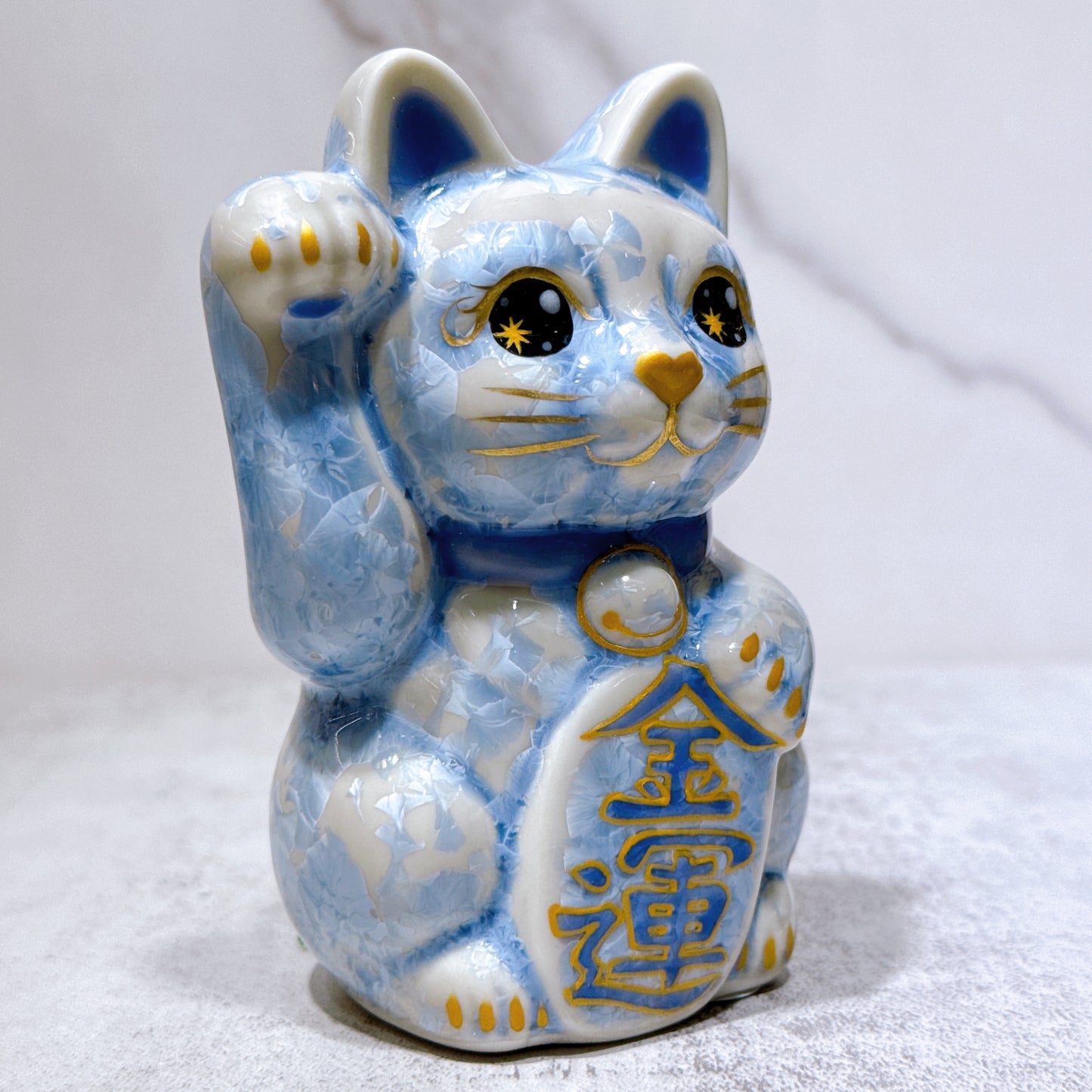 日本清水燒招財貓 花結晶 銀藤 金運 右 特小