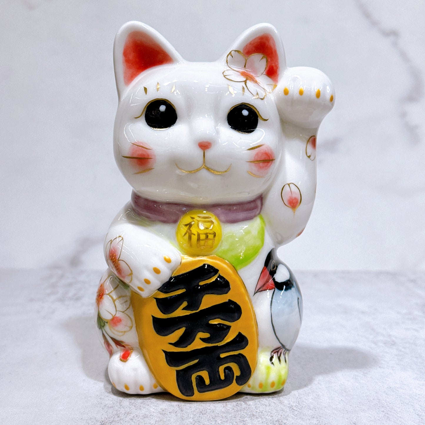 日本清水燒招財貓 色繪 白地花鳥
