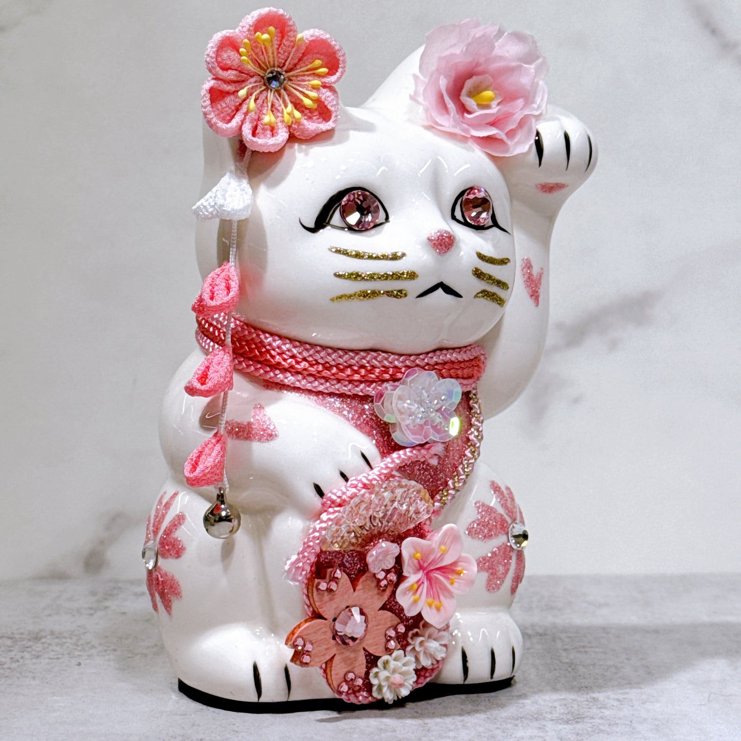 日本花見招財貓 櫻貓 5號 白 左手