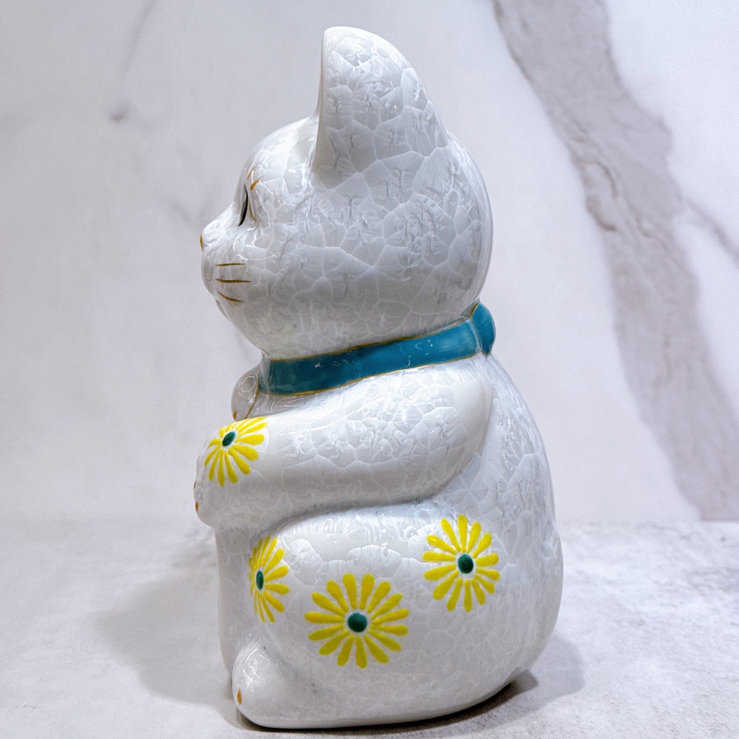 日本清水燒招財貓 花結晶 白 健康 特大 右
