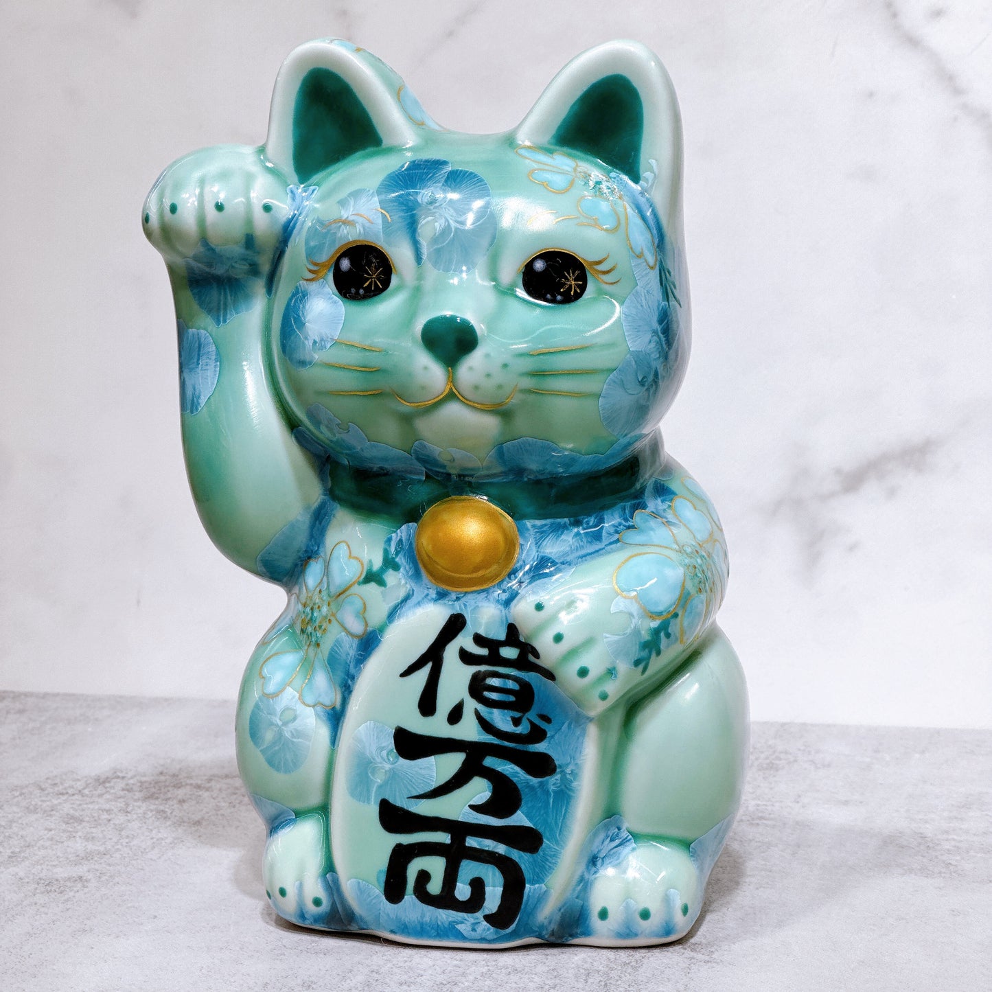 日本清水燒招財貓 花結晶 綠 億万両 体花 特大 右