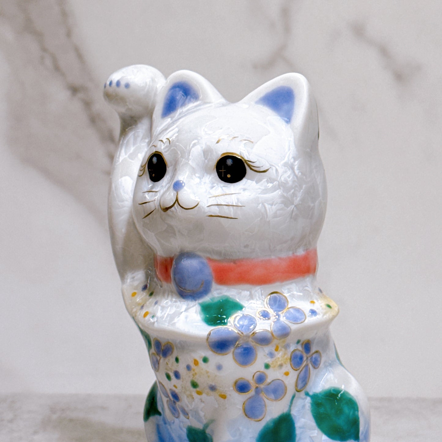 日本清水燒招財貓 花結晶 青白 体花