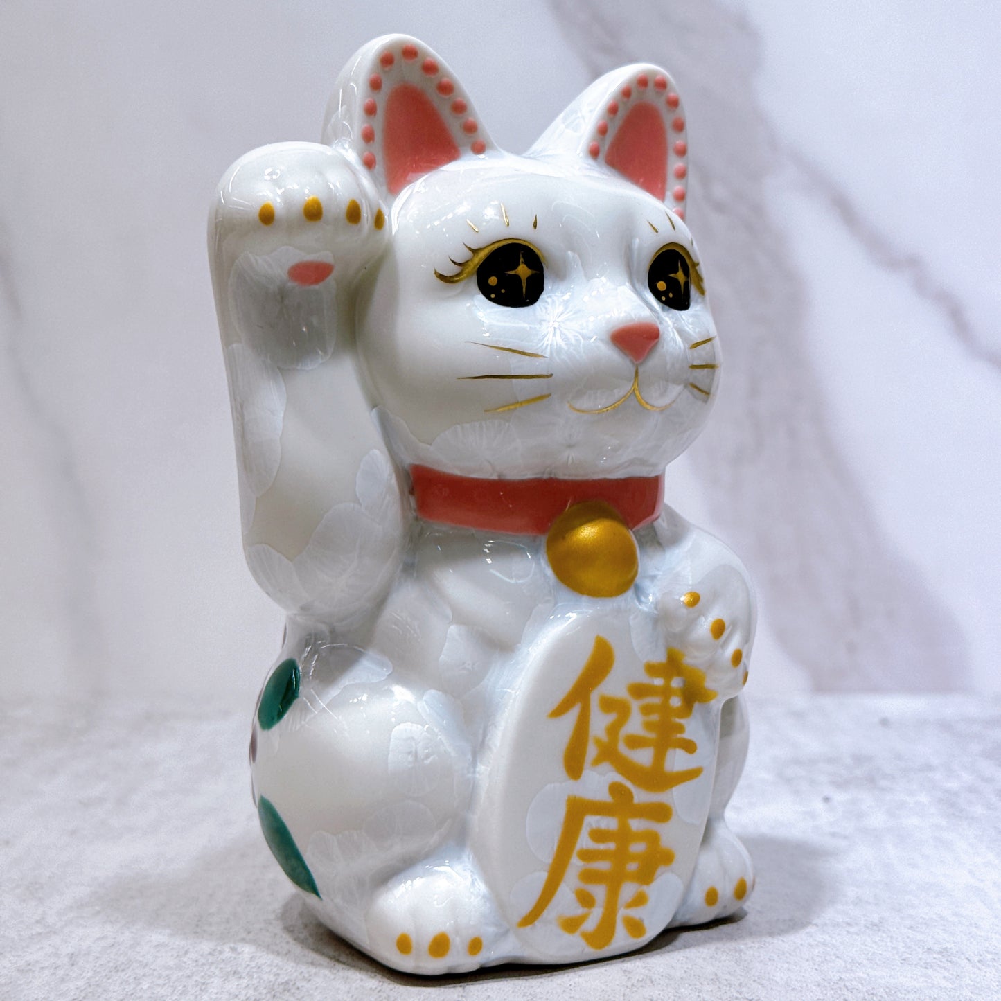 日本清水烧招财猫 花结晶 白 体花 健康 右