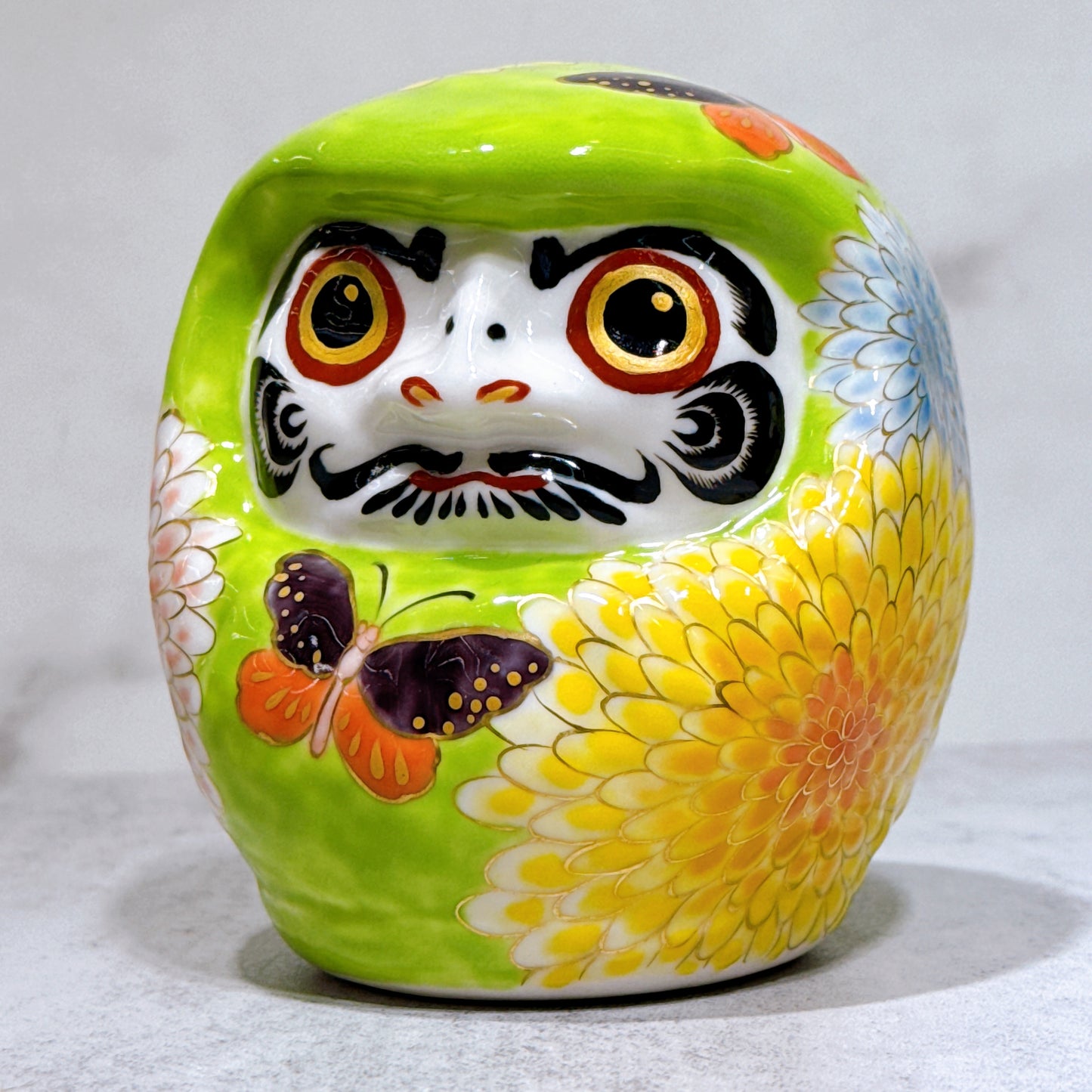 日本清水燒達摩 色繪 綠地匊蝶 小號