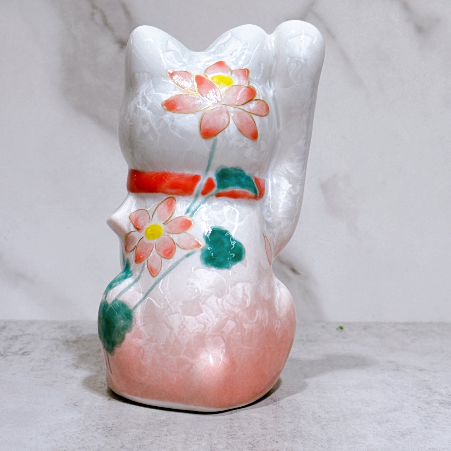 日本清水燒招財貓 花結晶 桃白 体花