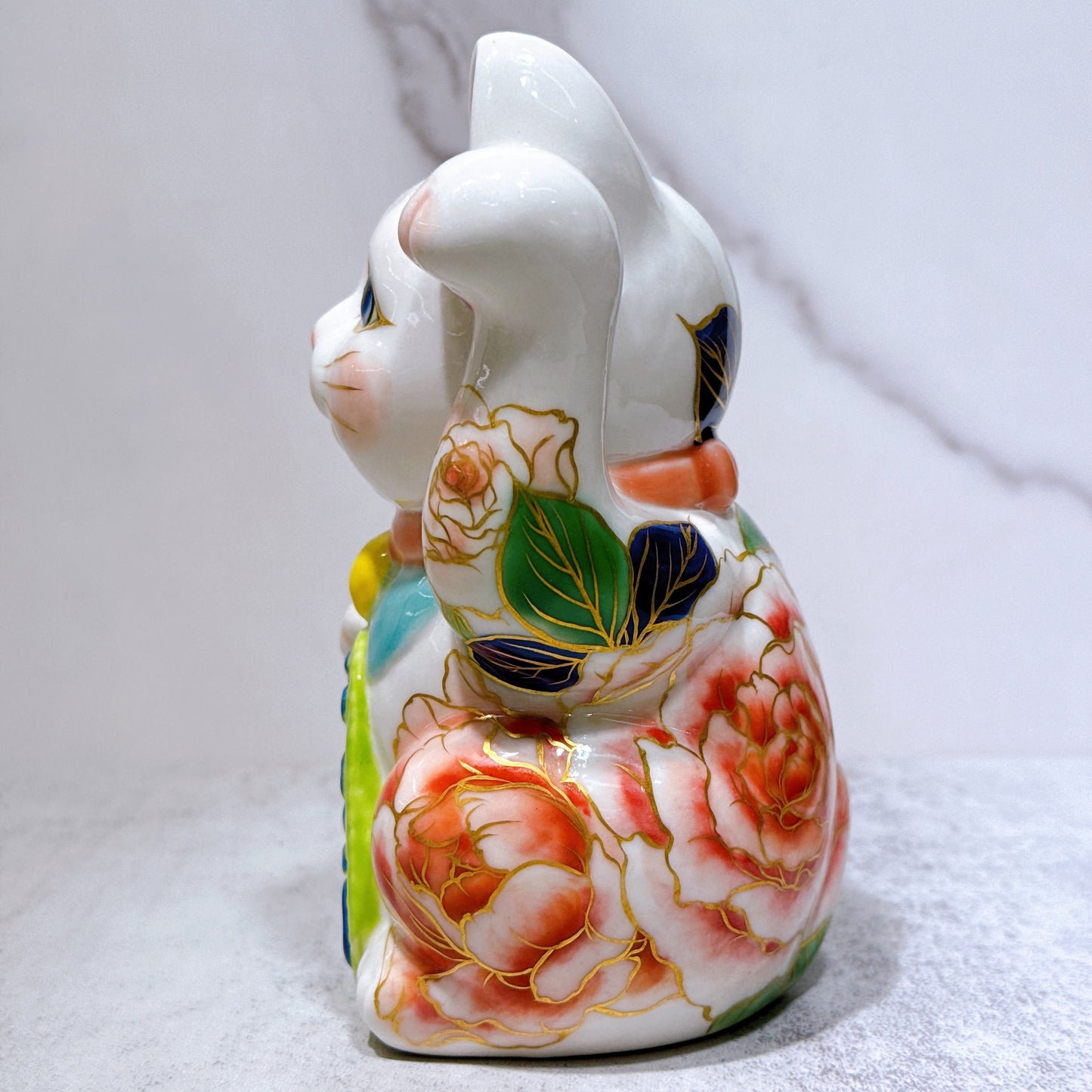 日本清水燒招財貓 色繪 薔薇