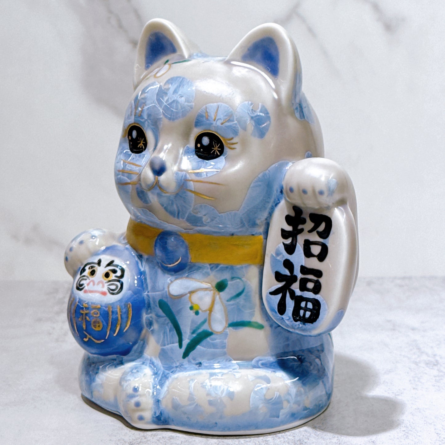 日本清水燒招財貓 達摩 花結晶 銀藤 招福