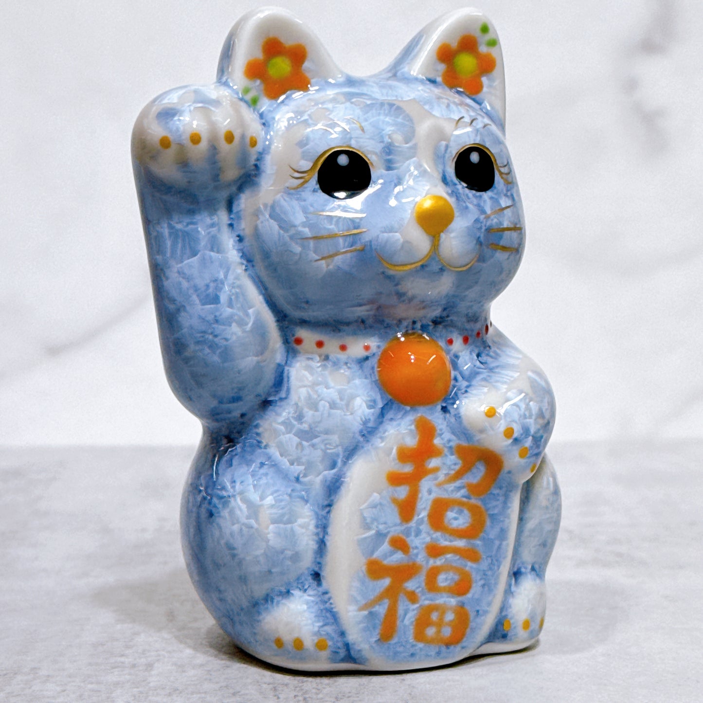 日本清水燒招財貓 花結晶 銀藤 右 特小