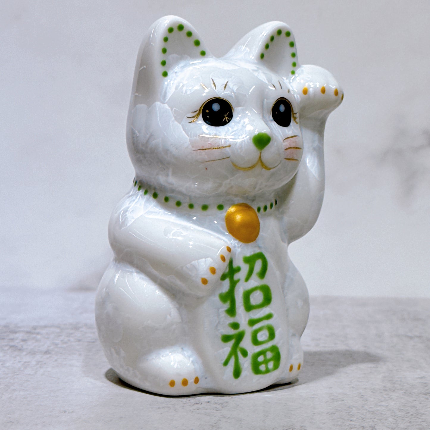 日本清水燒招財貓 花結晶 白 招福 左 特小