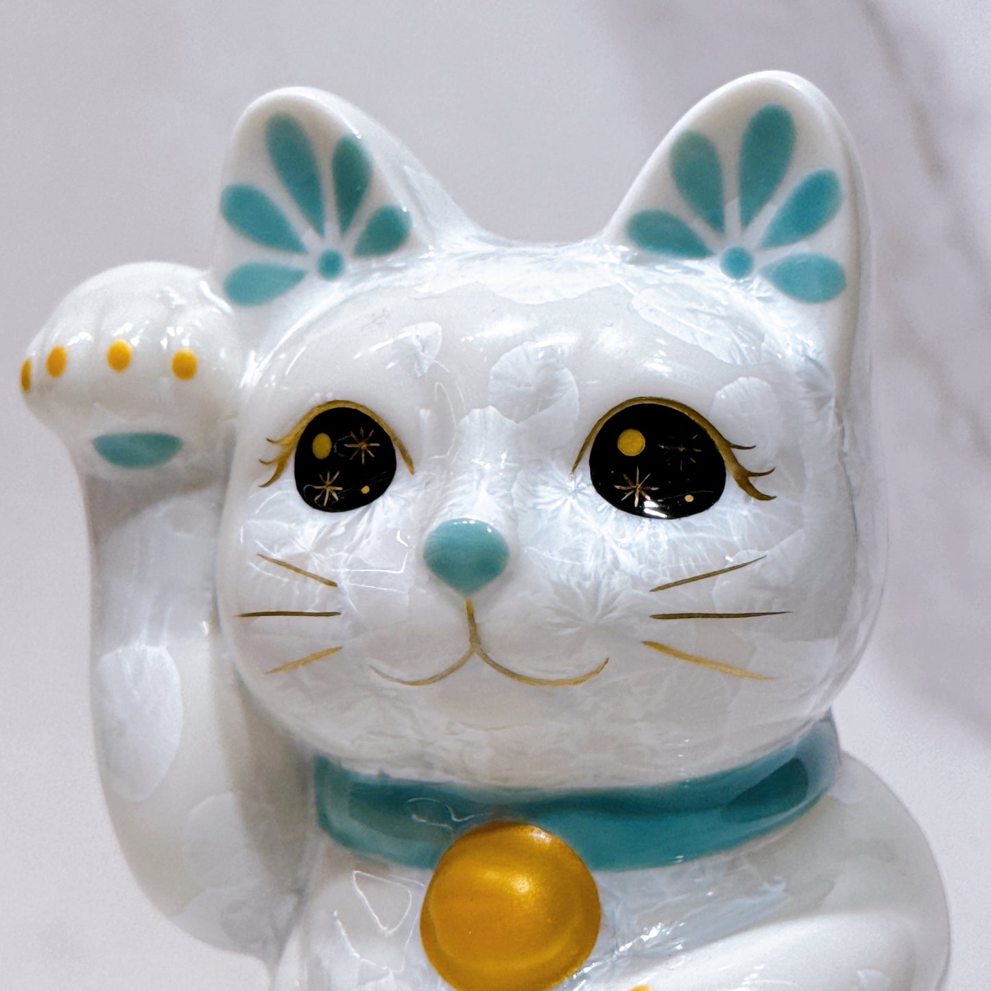 日本清水燒招財貓 花結晶 青白 体花 招福 右