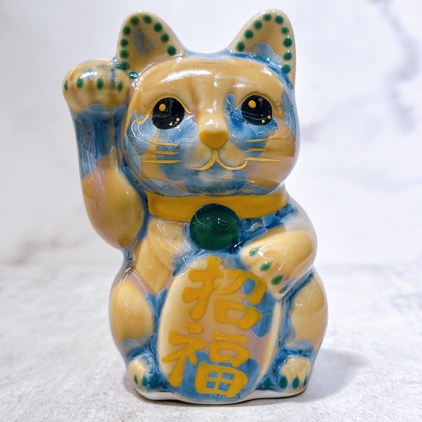 日本清水燒招財貓 花結晶 灰青 招福 右 特小