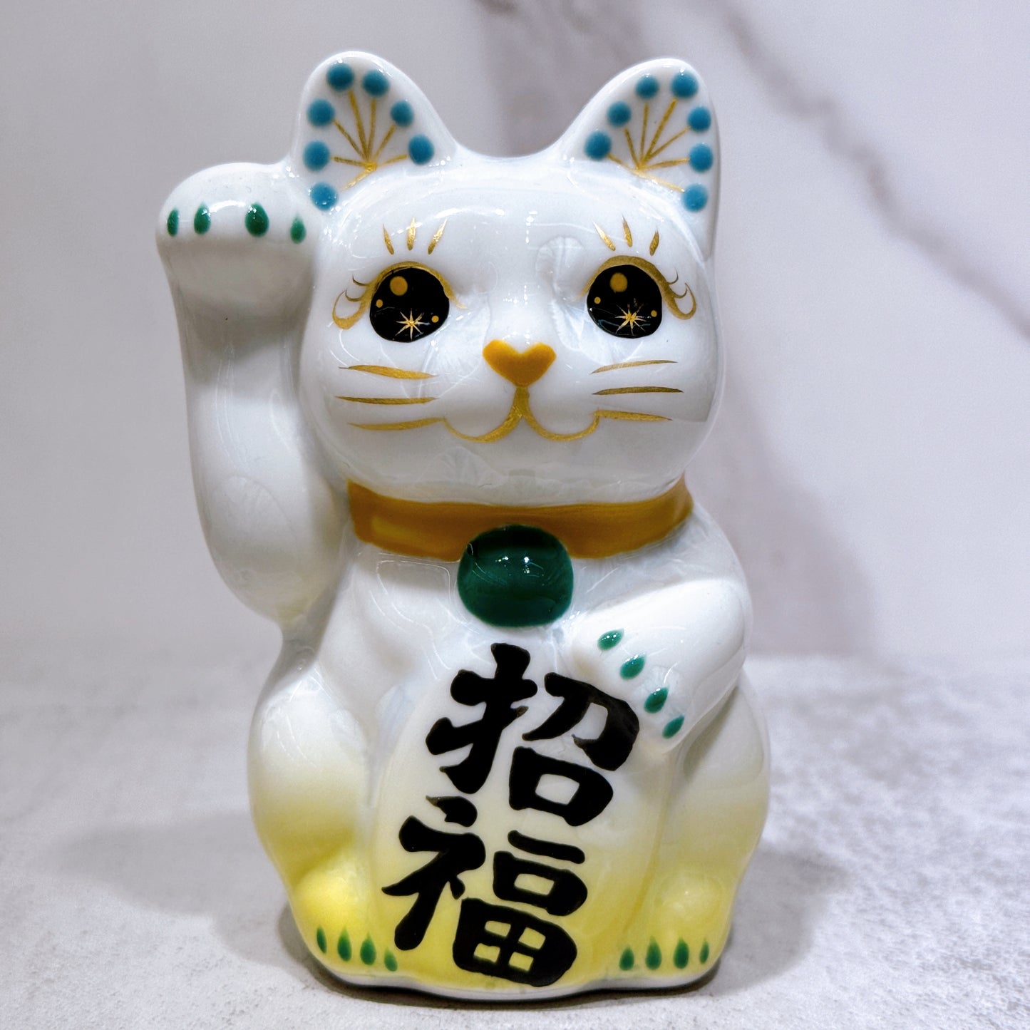 日本清水燒招財貓 花結晶 黃白 招福 右 特小