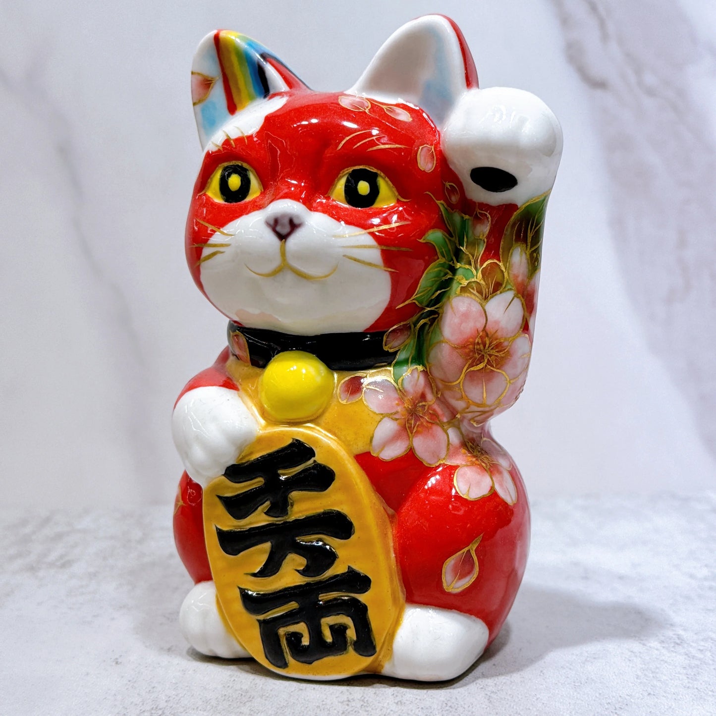 日本清水烧招财猫色绘赤涂山樱