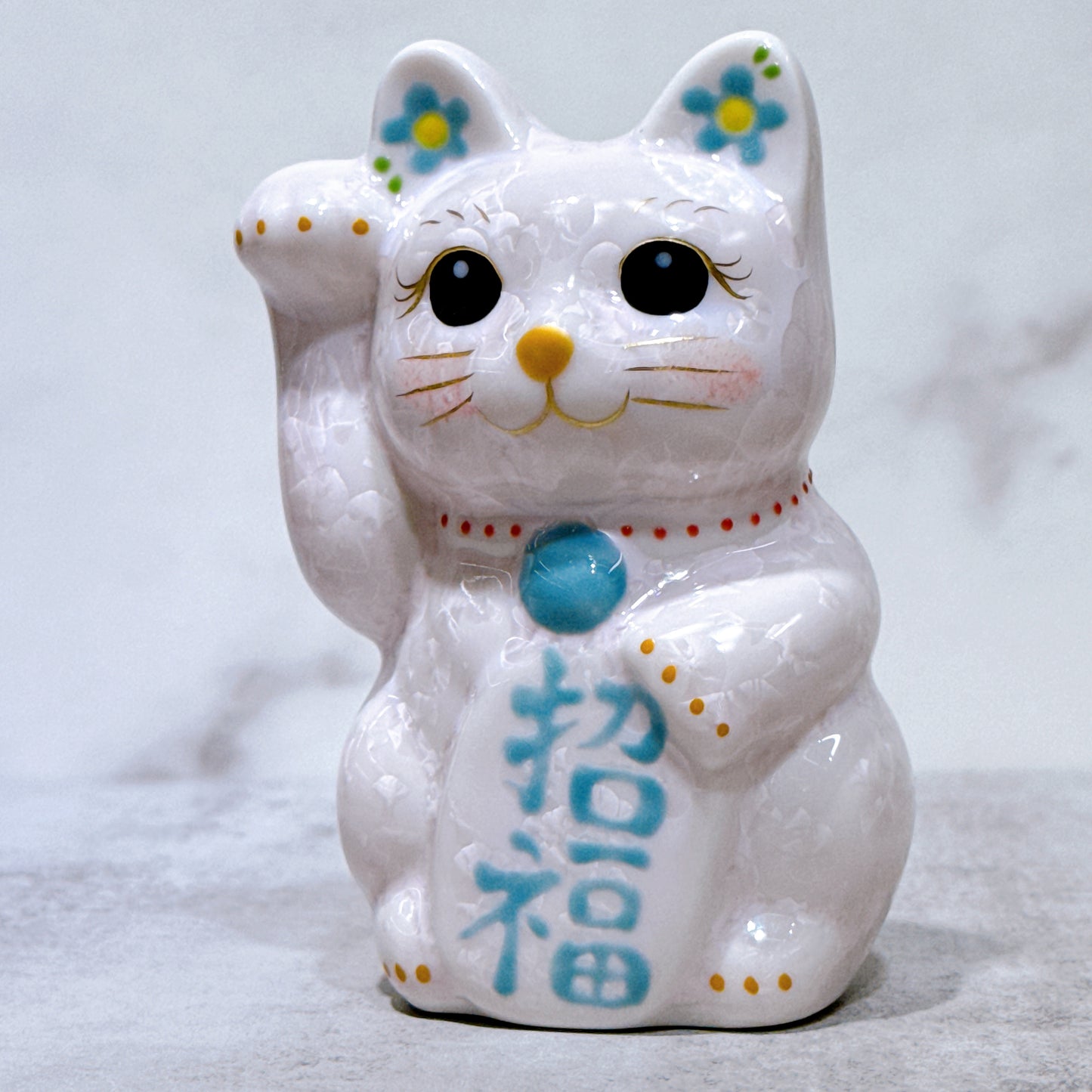 日本清水燒招財貓 花結晶 桃 右 特小