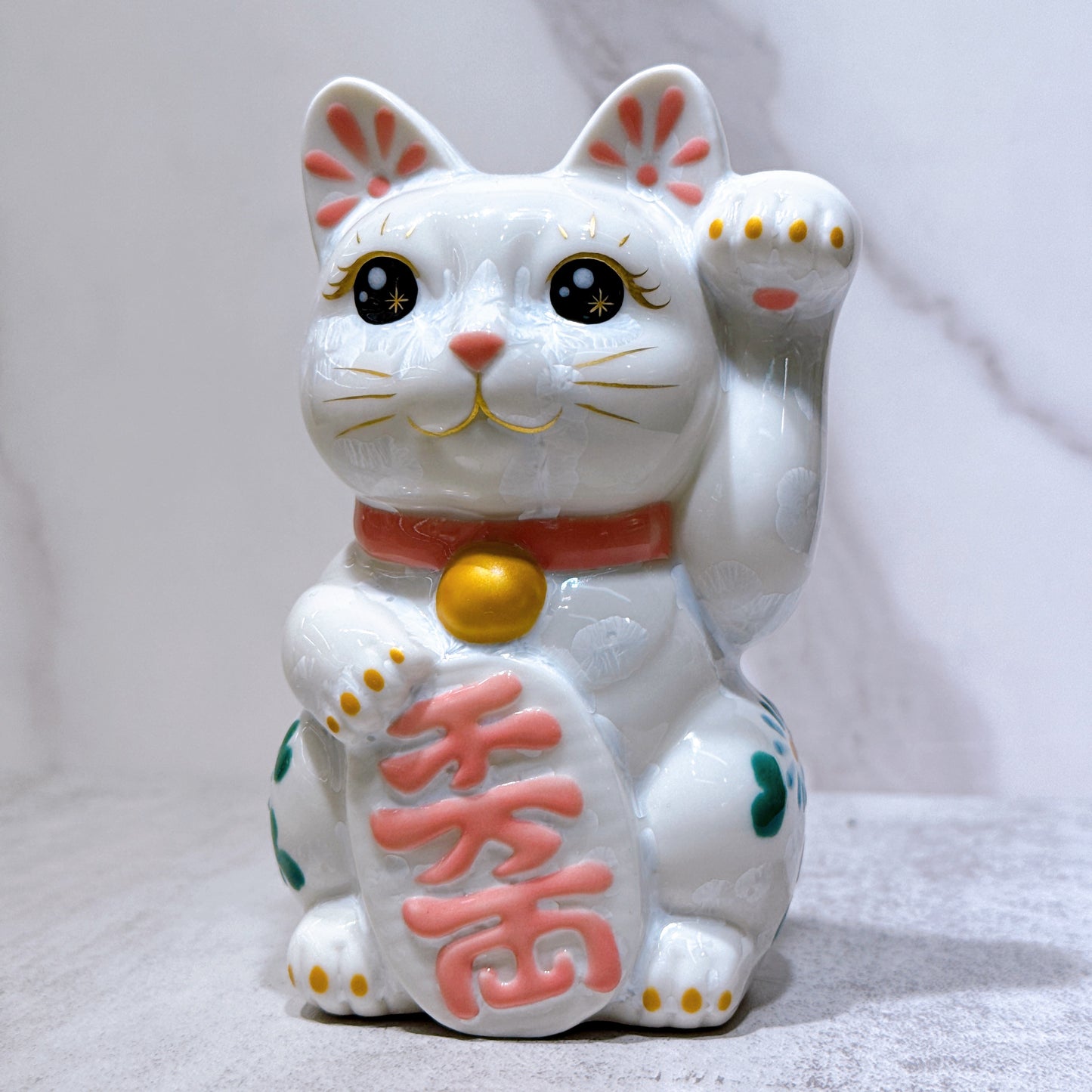 日本清水烧招财猫 花结晶 白 体花 千万两 左
