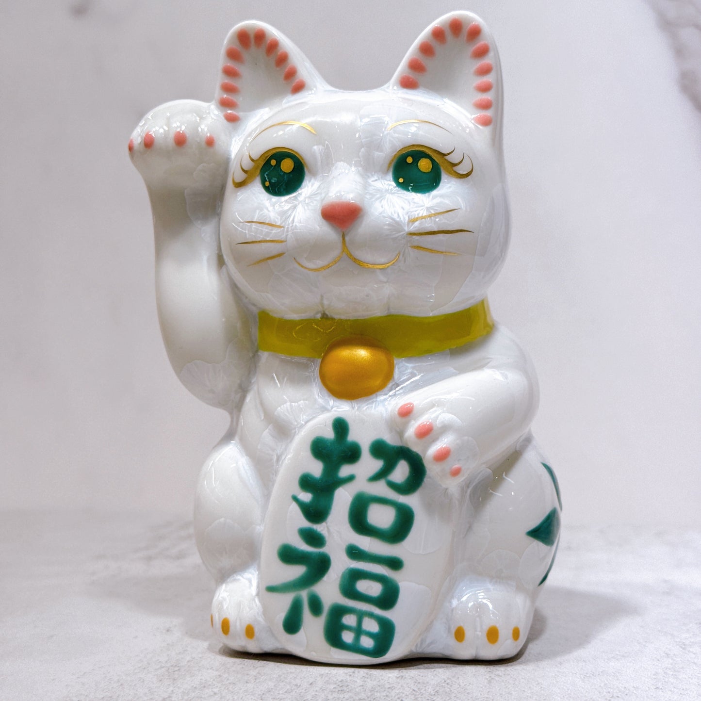 日本清水燒招財貓 花結晶 白 体花 招福 右