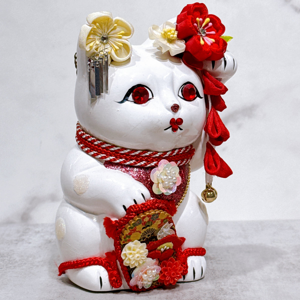 日本花見招財貓 紅蓮赤韻 5號 白 左手