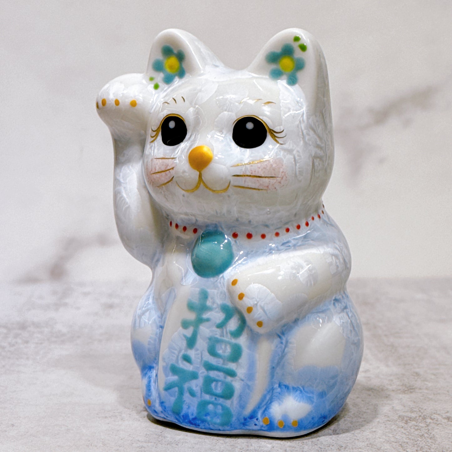 日本清水燒招財貓 花結晶 青白 右 特小