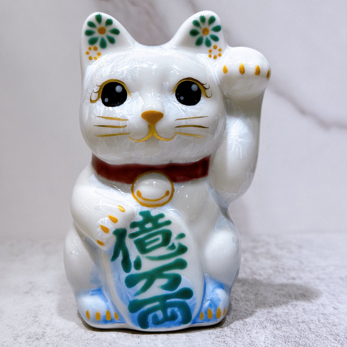 日本清水燒招財貓 花結晶 青白 億万両 左 特小