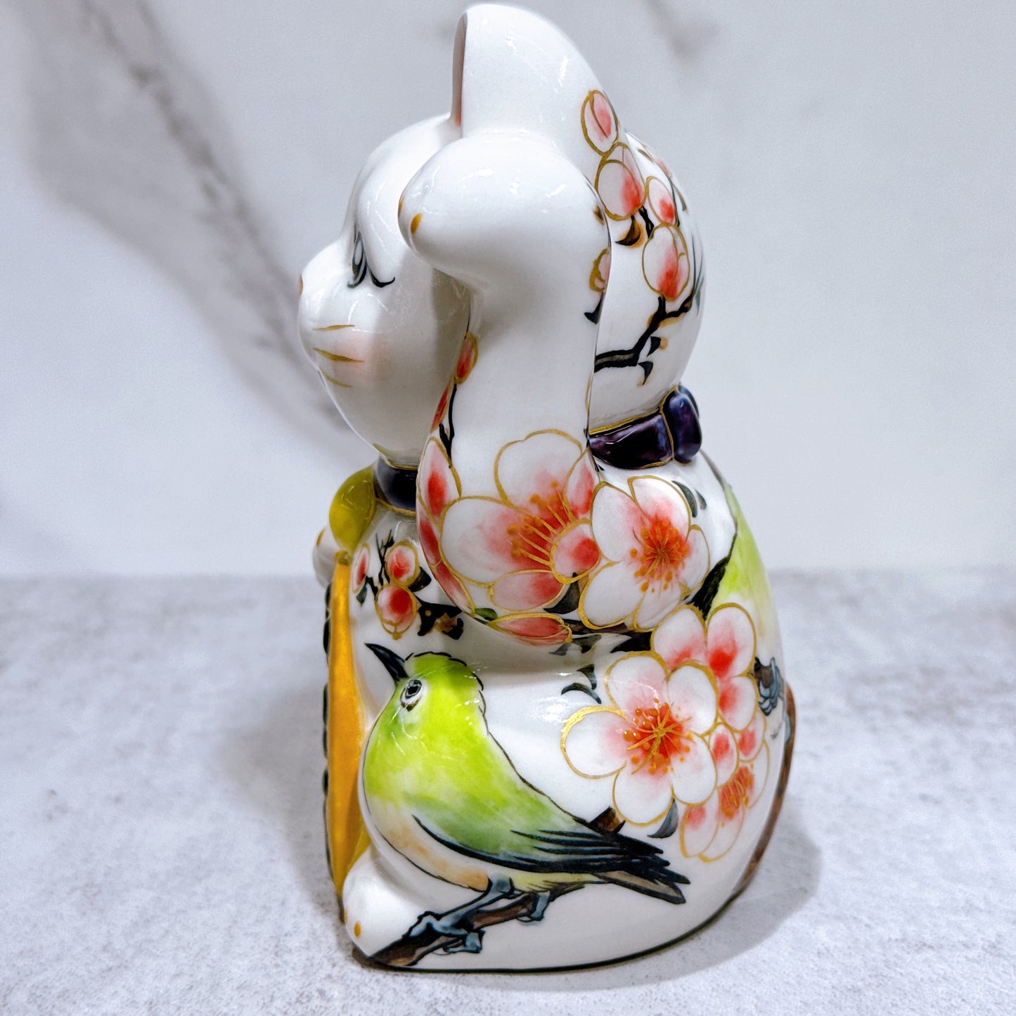 日本清水燒招財貓 色繪 梅花草鳥