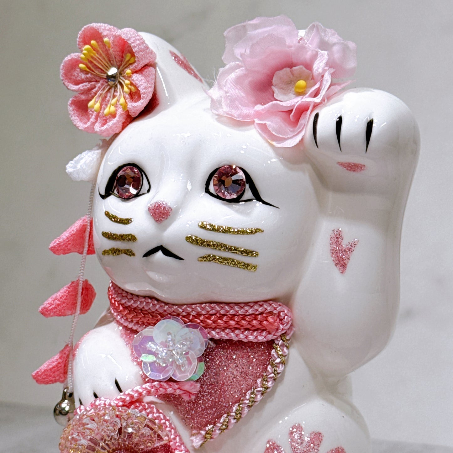 日本花見招財貓 櫻貓 5號 白 左手