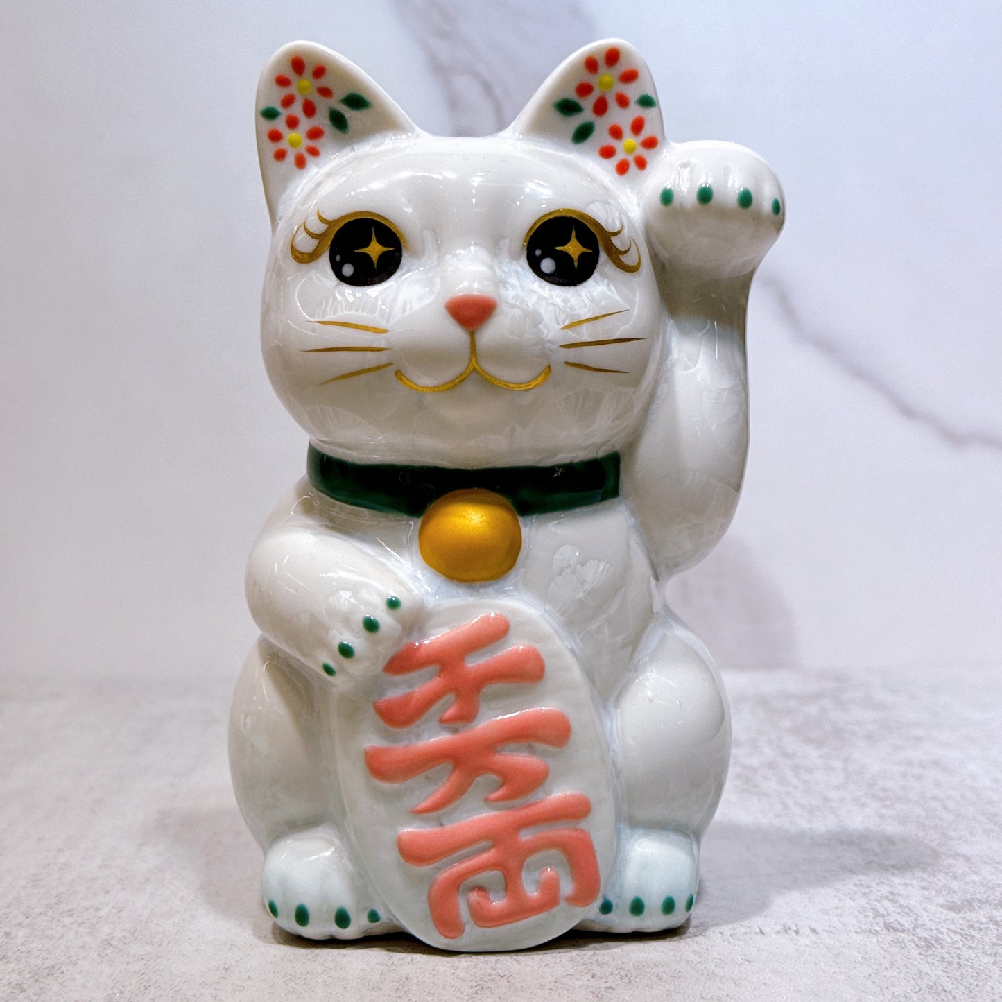 日本清水烧招财猫 花结晶 白 千万两 左