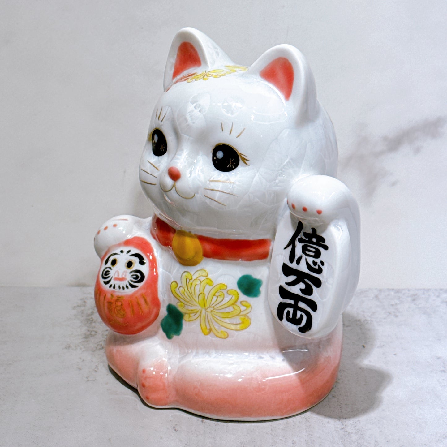 日本清水燒招財貓 達摩 花結晶 桃白 億万両