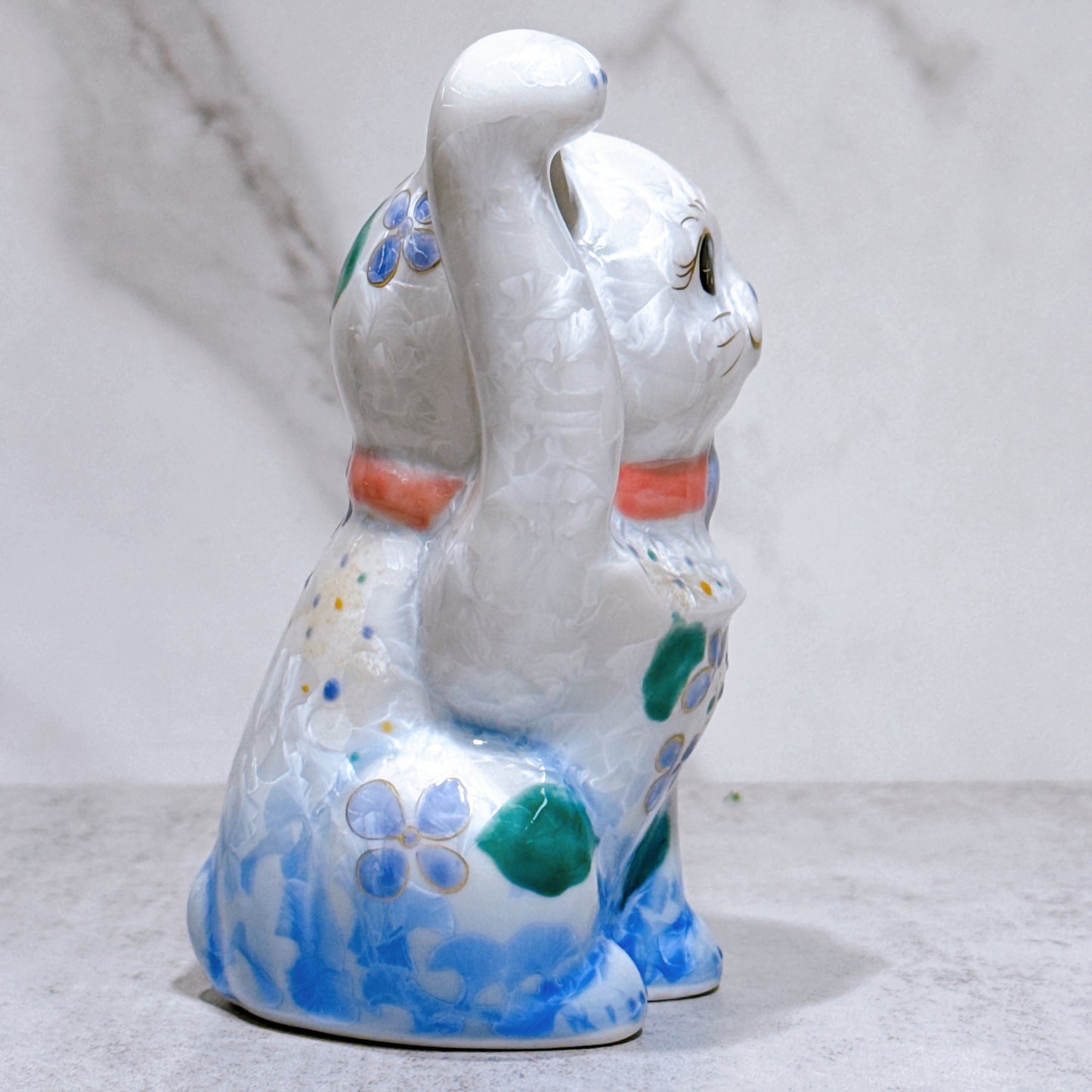 日本清水燒招財貓 花結晶 青白 体花
